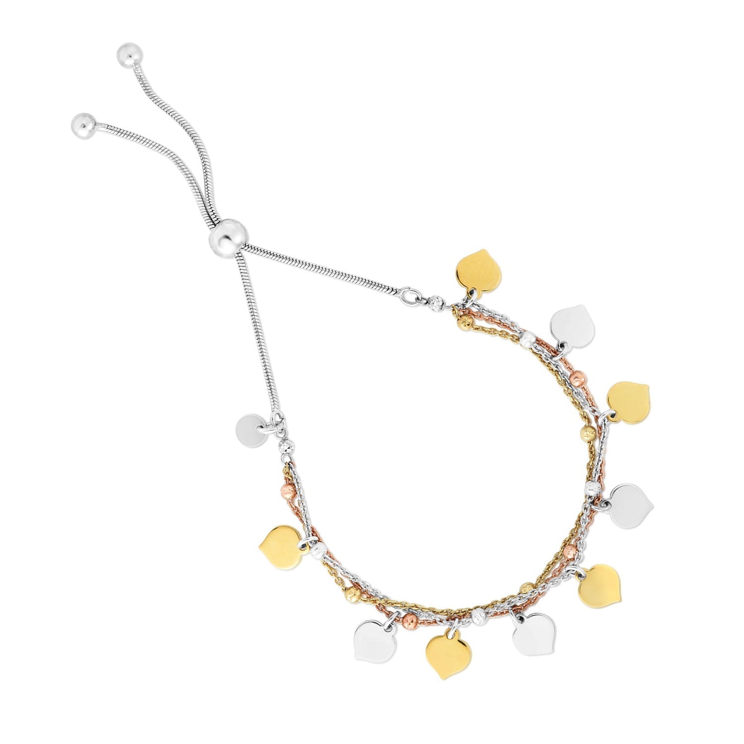 Jewelstop Sterling Silver Polished Finish Tri-Color Charm Dangle Friendship Bracelet with Draw String - 9.25"