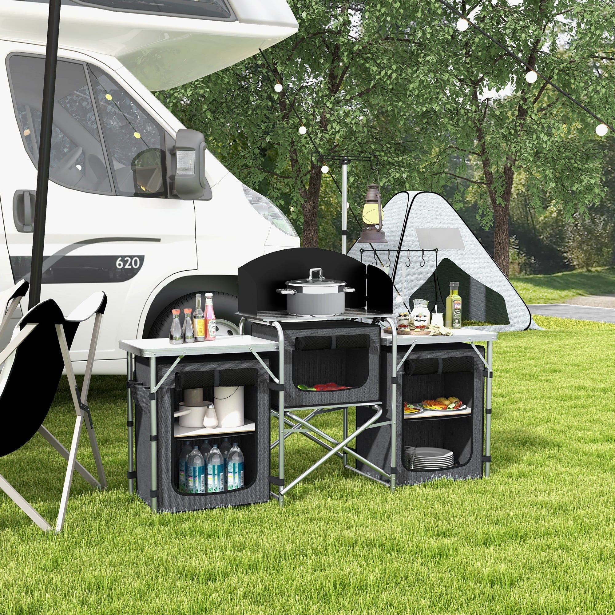 Outsunny Folding Camping Kitchen with Windshield Fabric Cupboards Black