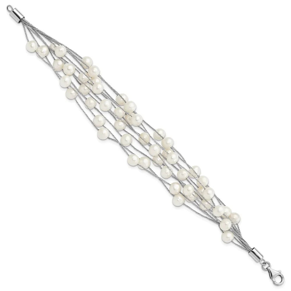 Auriga 925 Sterling Silver Rhod-plat 7-8mm White FWC Pearl 10-rows Bracelet 7.25inch for Women