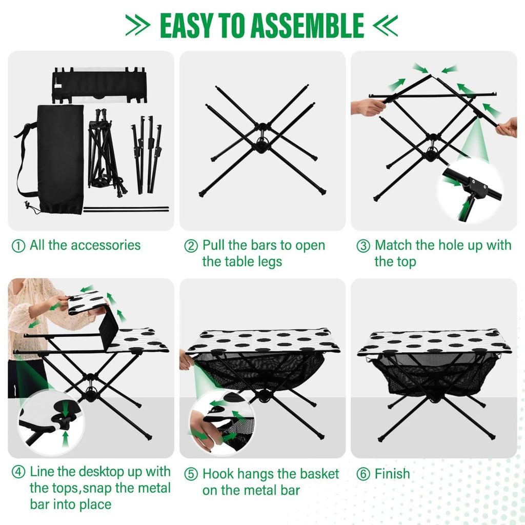 Black Polka Dots Camping Foldable Portable Table Beach Table with Storage Bag Compact Picnic Table for Outdoor Hiking Fishing BBQ