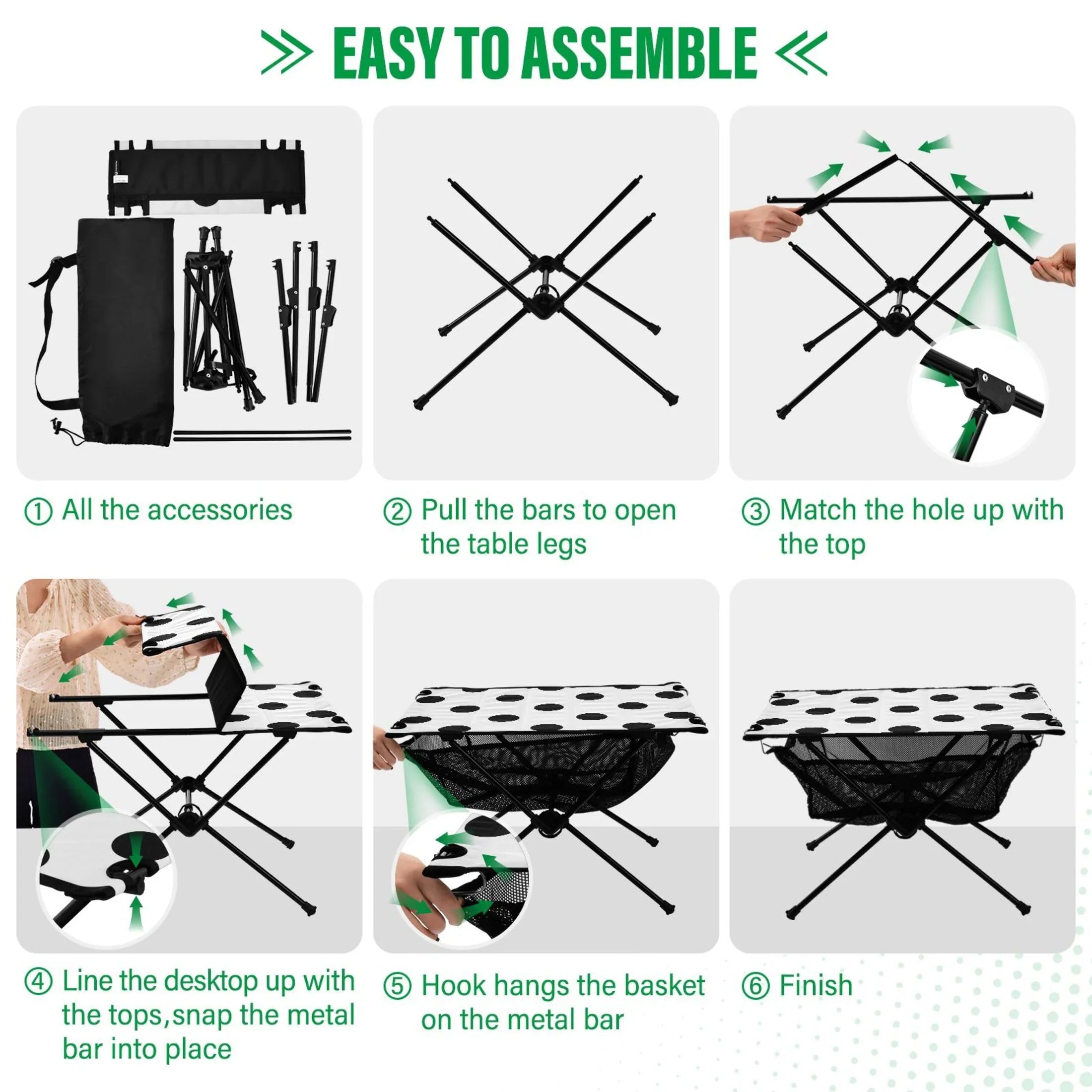 Black Polka Dots Camping Foldable Portable Table Beach Table with Storage Bag Compact Picnic Table for Outdoor Hiking Fishing BBQ