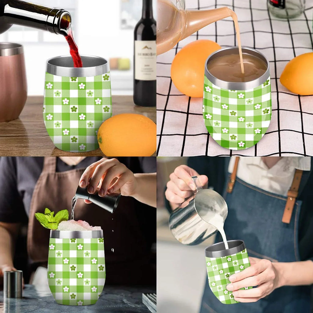 Hidove 12oz 304 Stainless Steel Vacuum Insulated Cups, Green and White Flowers Eggshell Cup U Shape Tumbler Cups with Lid, Double Layer Insulation Wine Cup Big Belly Cup