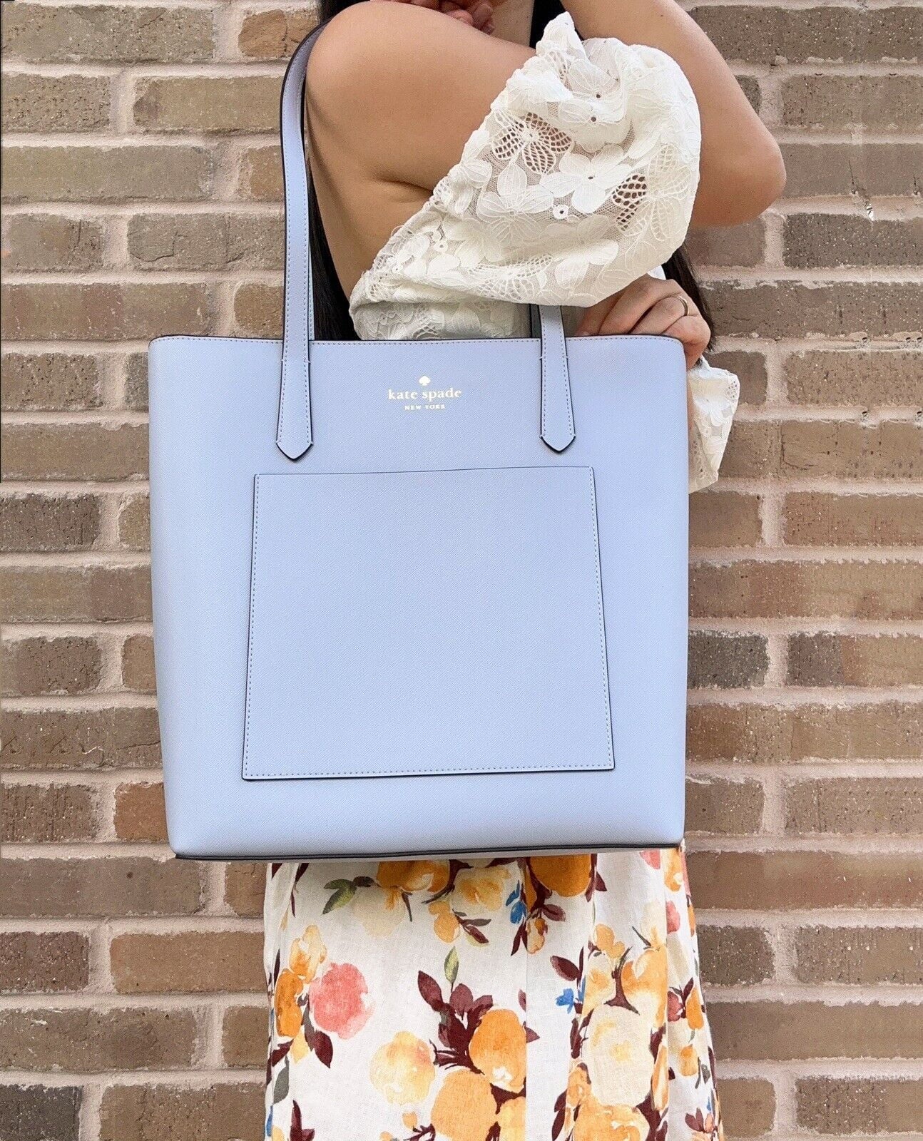 Kate Spade Saffiano PVC Pale Hydrangea Blue Daily Tote Bag K8662 Front Pocket