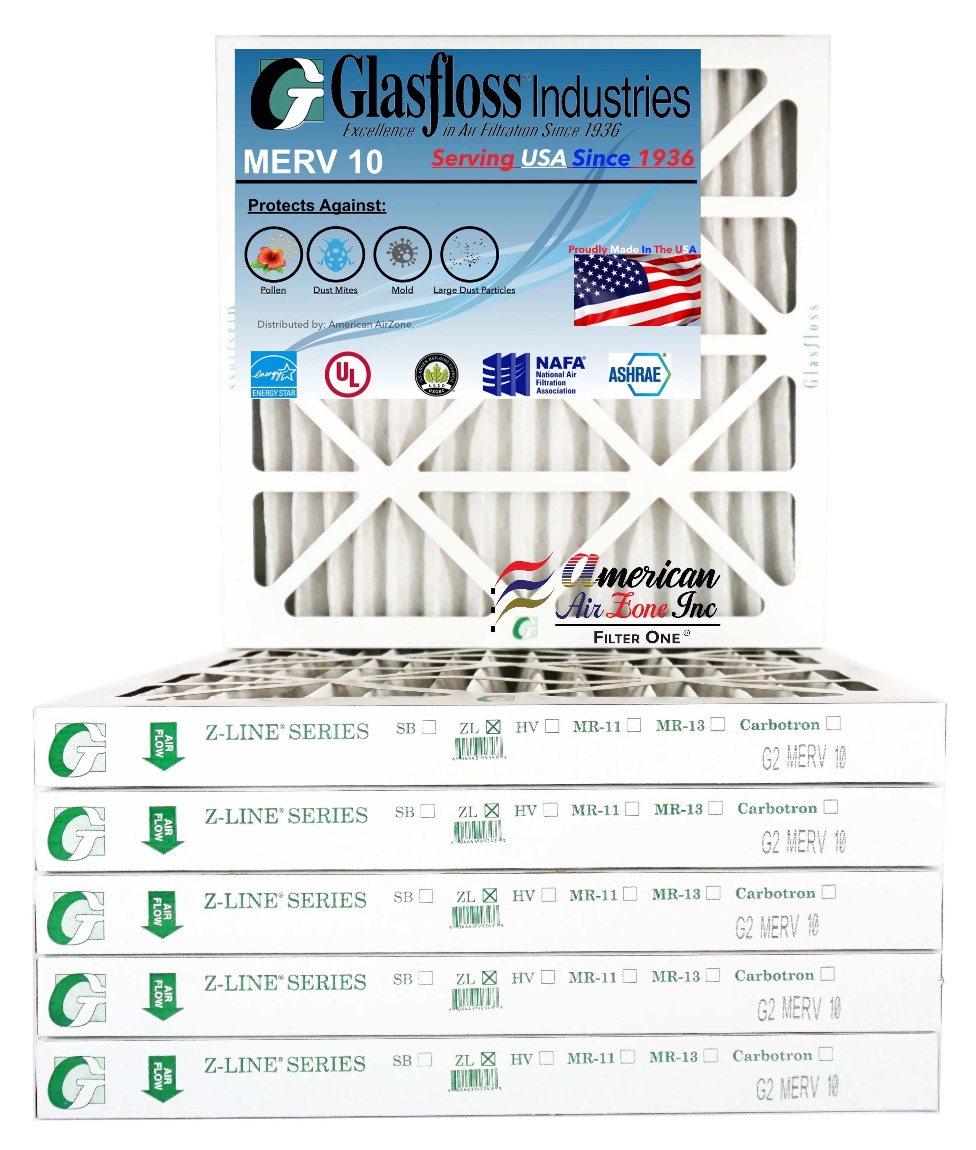 Glasfloss Air Filter 16x16x2 - 2" MERV 10 - (Pack of 6) - Pleated AC or HVAC Air Filter - Furnace Air Filter - Home or Office - Made In The USA.