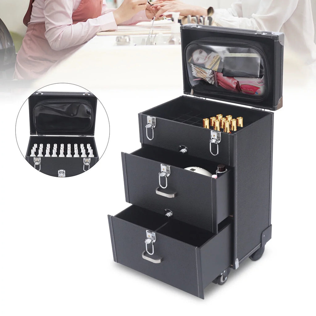 DENEST Nail Polish Storage box Travel Makeup Rolling Organizer Cosmetics Train Case with Wheels