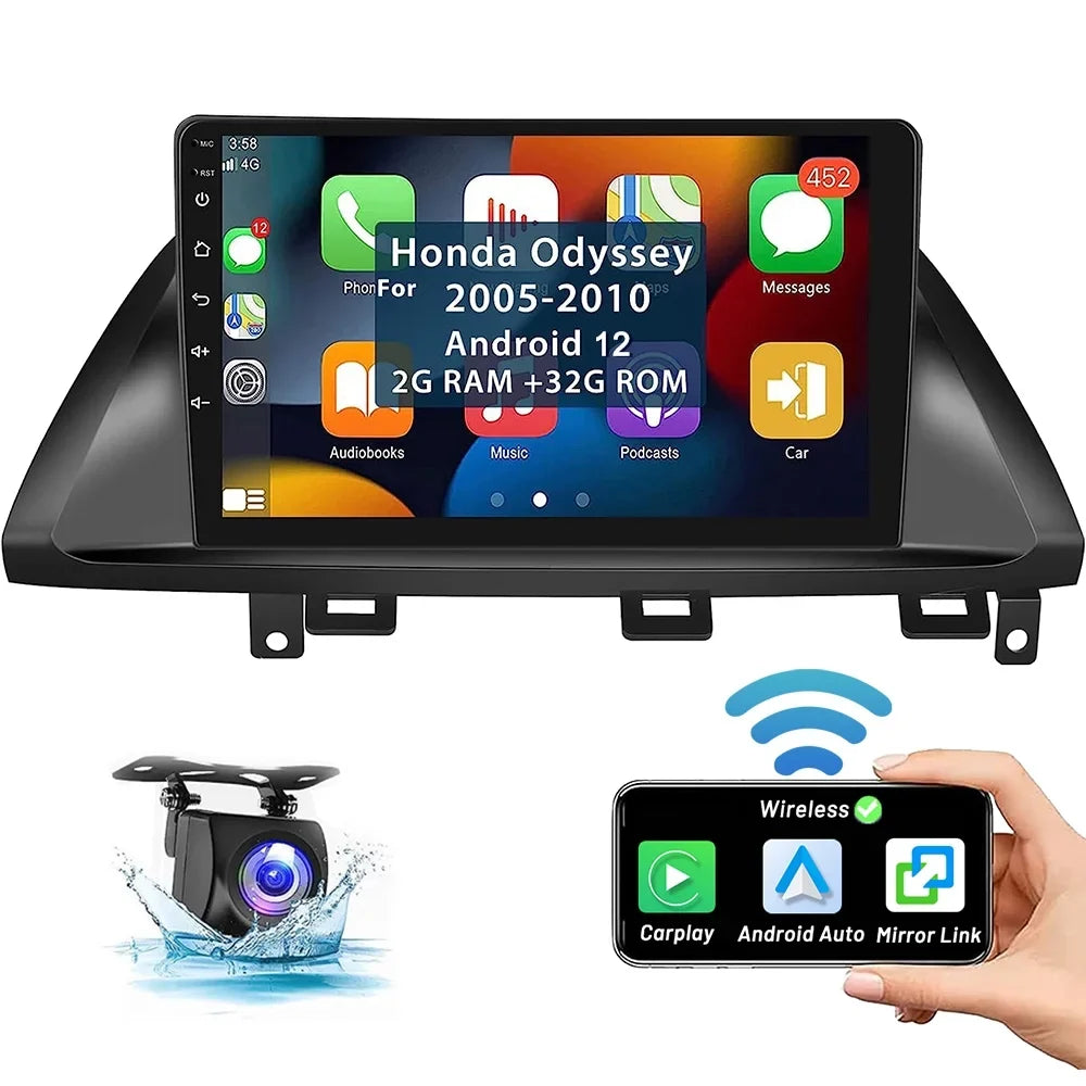 Podofo 2+32G for Honda Odyssey 2005-2010 Wireless Carplay Android Auto Mirror Link 10'' Touch Screen Car Stereo Radio Android 12 WIFI GPS Hifi FM Bluetooth USB Cable,AHD Backup Camera
