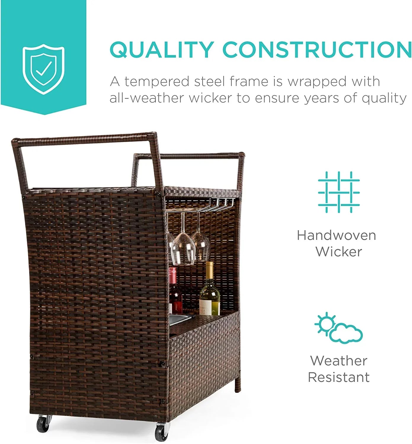 Outdoor Rolling Wicker Bar Cart w/Removable Ice Bucket, Glass Countertop, Wine Glass Holders, Storage Compartments - Brown