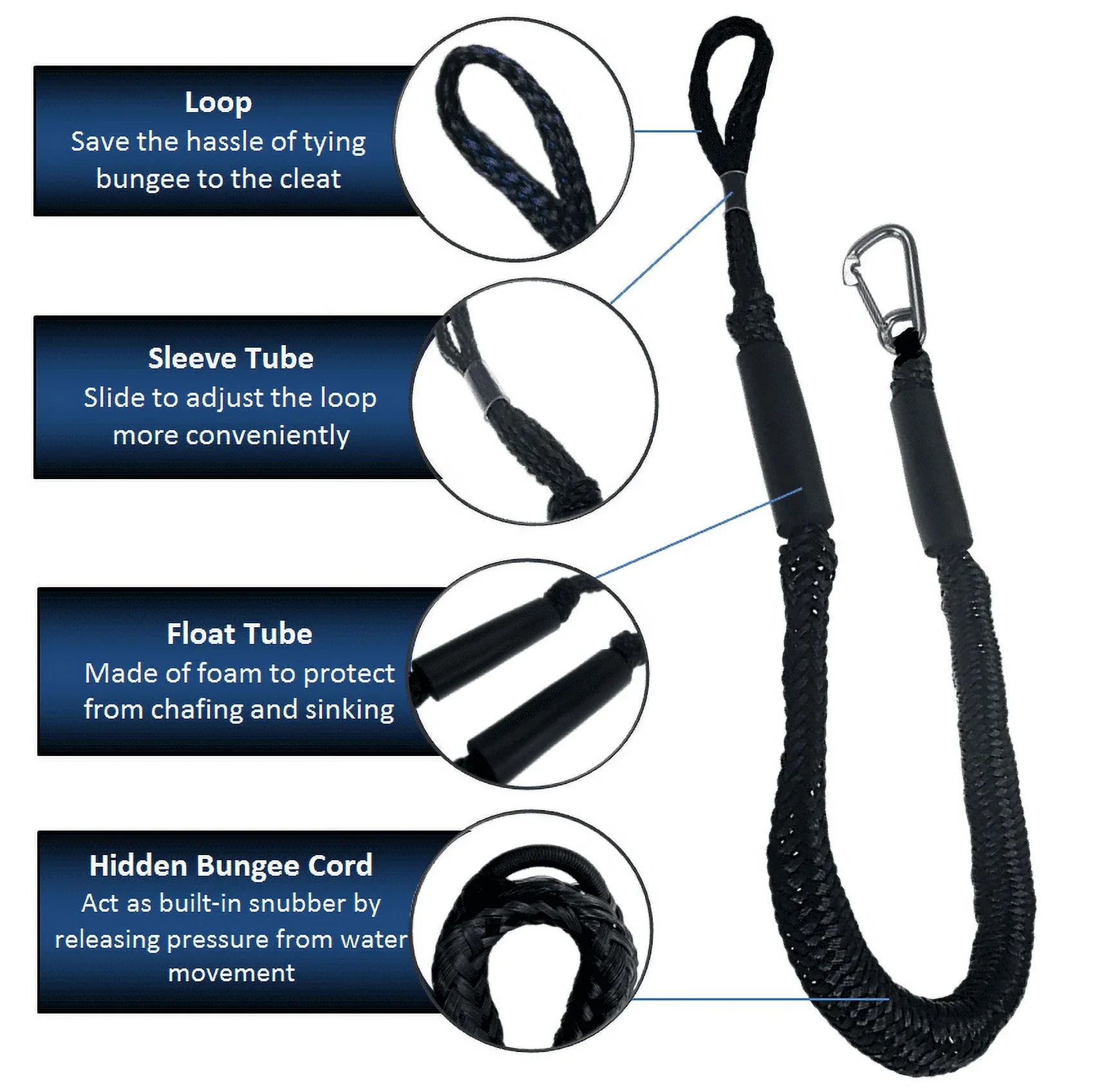 Pactrade Marine Vessel Pontoon Kayak PWC Jet Ski Tie-down Dock Line Mooring Rope 4'-5.5' with SS316 Snap Hook Salt and Fresh Water Use 2 Pack (Black & White)
