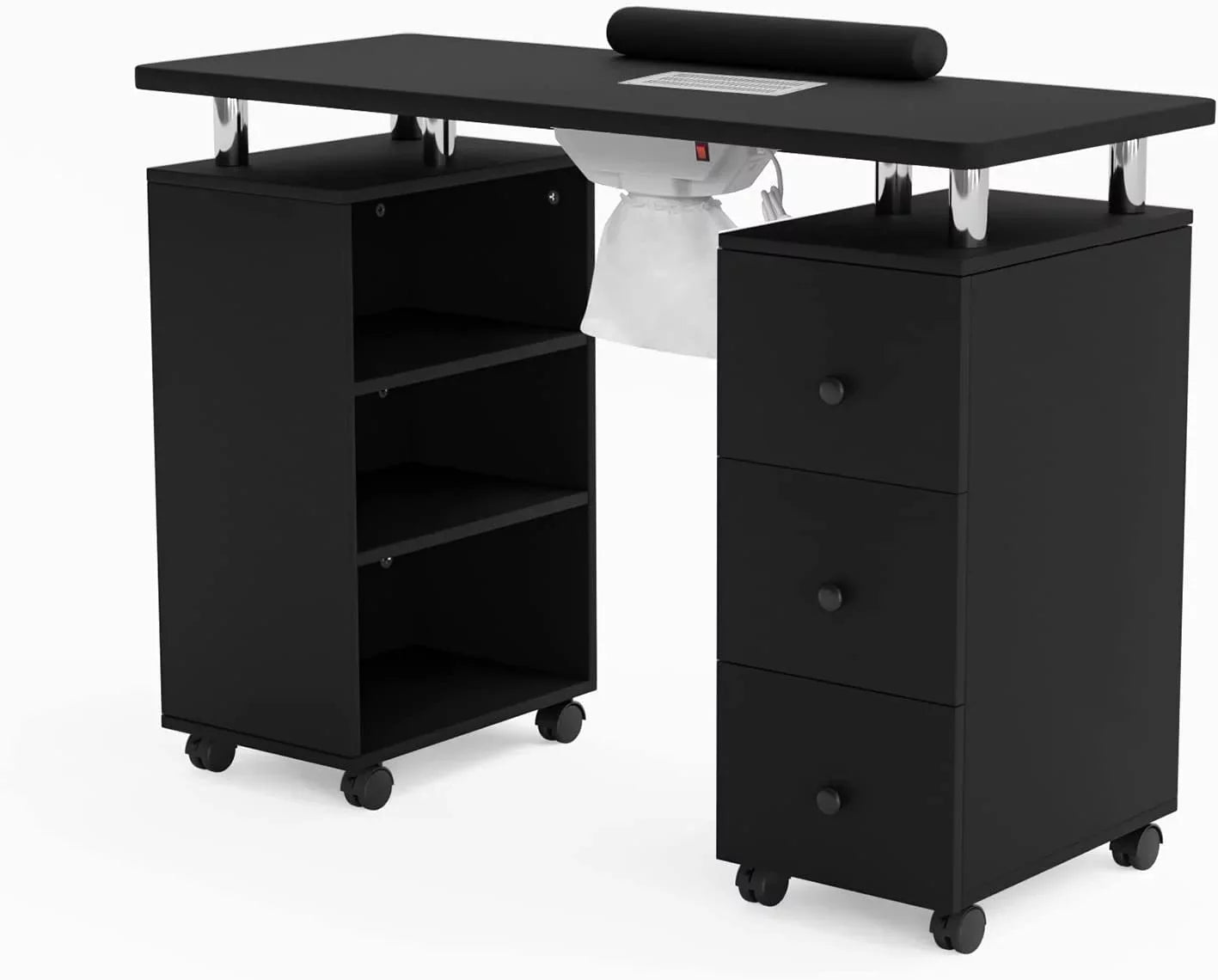 OmySalon Nail Desk Manicure Table for Nail Tech w/Electric Dust Collector, Portable Nail Table Station Beauty Salon Supplies Acetone Impervious w/Lockable Wheels,Wrist Cushion,3-Tier Shelves&Drawers