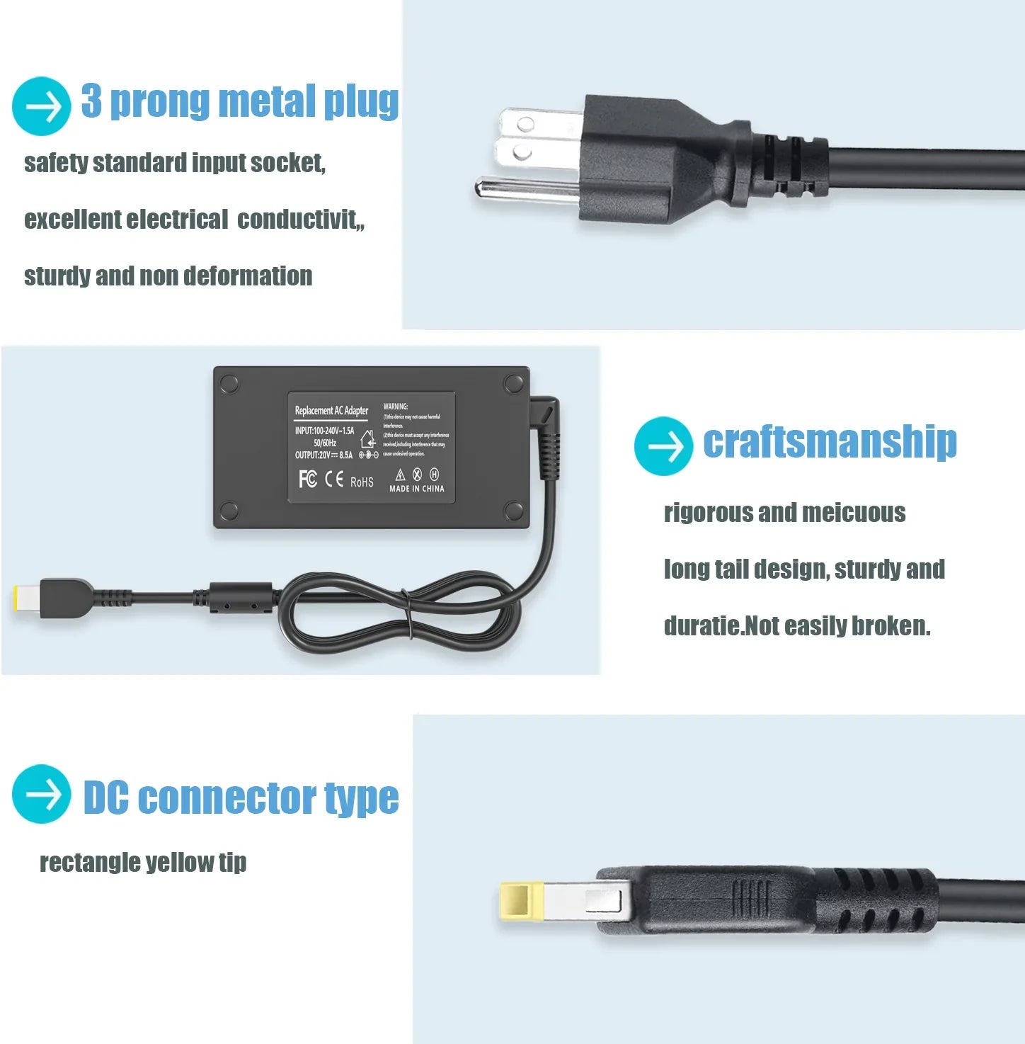 170W AC Adapter for Lenovo Thinkpad P50 P51 P52 P70 P71 Legion Y700 Y7000 Ideapad Gaming 3-15IHU6 82K1 Power Cord[Rectangle USB Yellow Tip]
