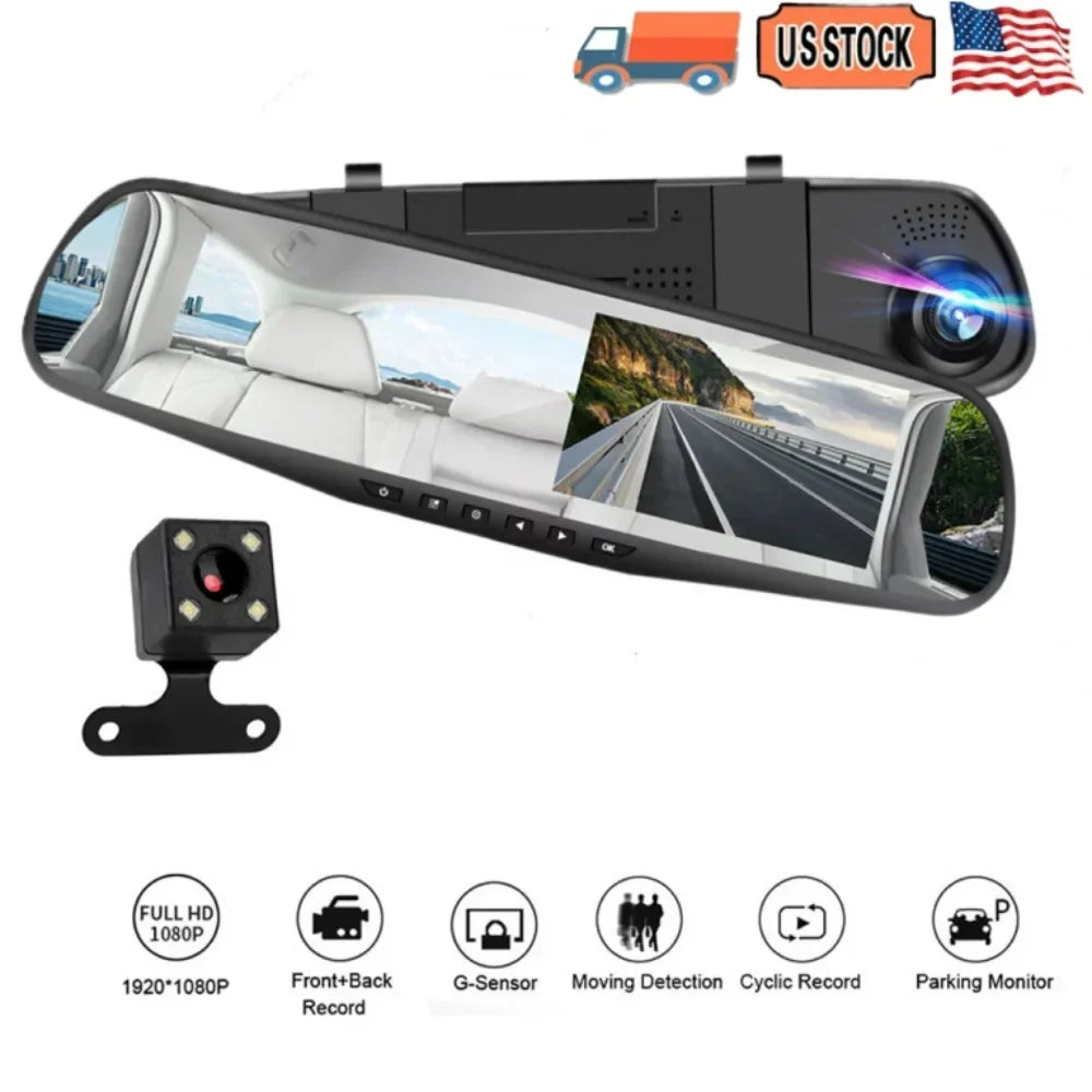 1080P Rearview Mirror Car Camera 4.3" Dash Cam for Cars Trucks, 170°Wide Angle Dual Lens Car Cam Front Rear DVR Monitor, Night Vision, Parking Monitor, G-sensor, Motion Detection