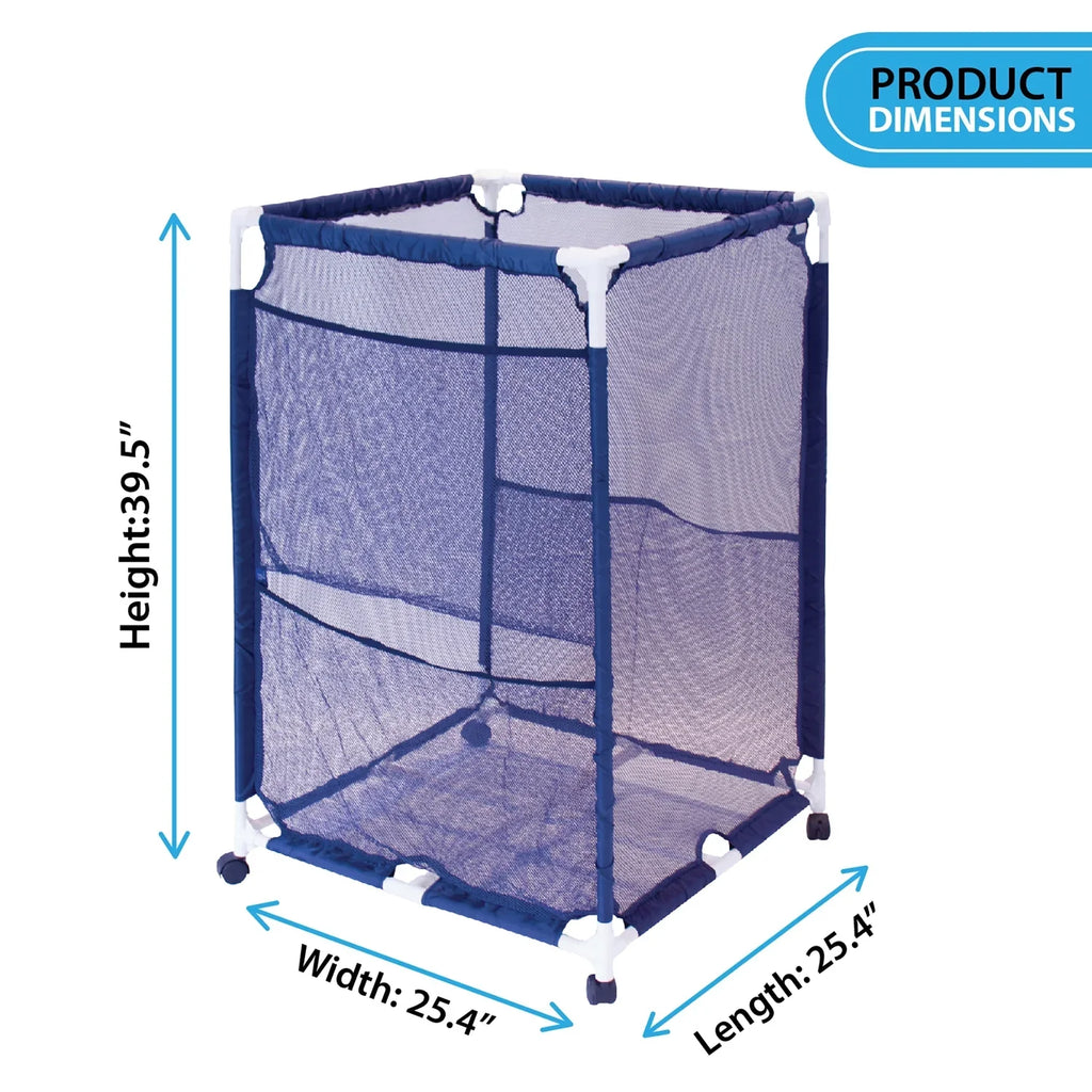 Pool Bins Pool Storage Organizer Mesh Rolling Pool Equipment Bin, Medium, (25.4" W X 25.4" L x 40" H) - Style PB-M200, Blue, PBFT-1513