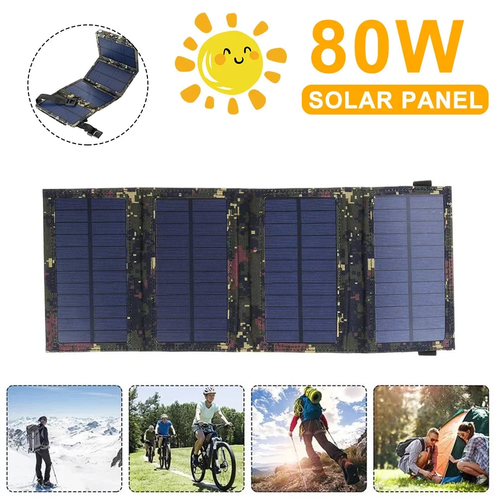 JLLOM Outdoor 80W USB Solar Panel Folding Power Bank Camping Hiking Phone Charger