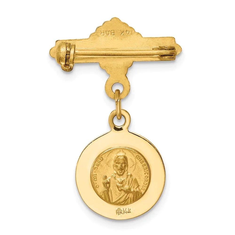 14K Yellow Gold Reversible Queen Of The Holy Scapular sacred Heart Medal Pin (25 mm X 17 mm)