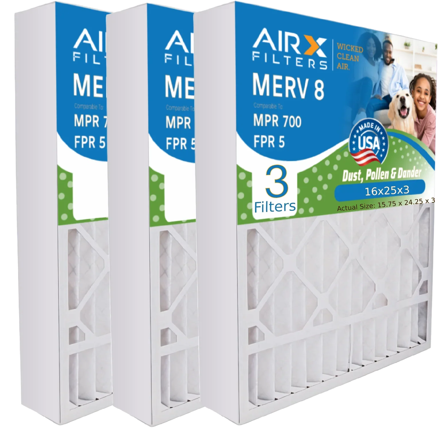 16x25x3 Air Filter MERV 8 Comparable to MPR 700 & FPR 5 Suitable with Lennox X0581 Air Filter 3 Pack by AIRX FILTERS WICKED CLEAN AIR.