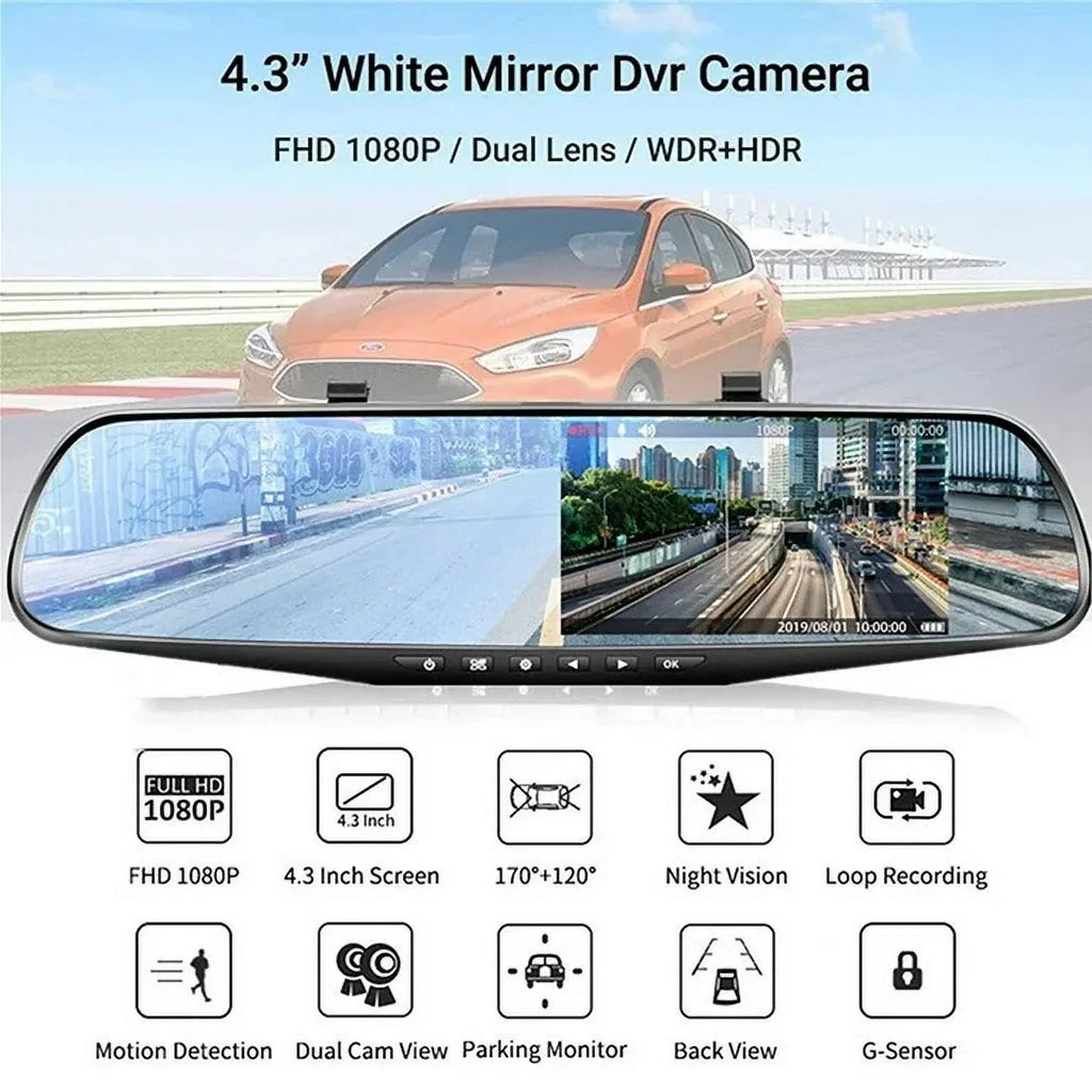 1080P Rearview Mirror Car Camera 4.3" Dash Cam for Cars Trucks, 170°Wide Angle Dual Lens Car Cam Front Rear DVR Monitor, Night Vision, Parking Monitor, G-sensor, Motion Detection