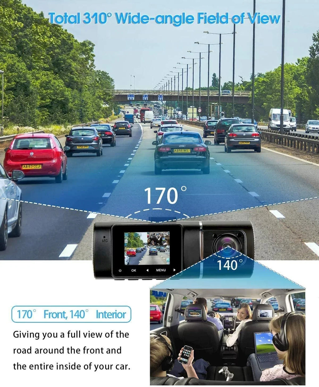 Abask J05 Dashcam Front and Inside Dual 1080P FHD - Angle 170°/140° With Night Vision,Parking Mode,G-Sensor,Loop Recording,WDR - With 32GB Card