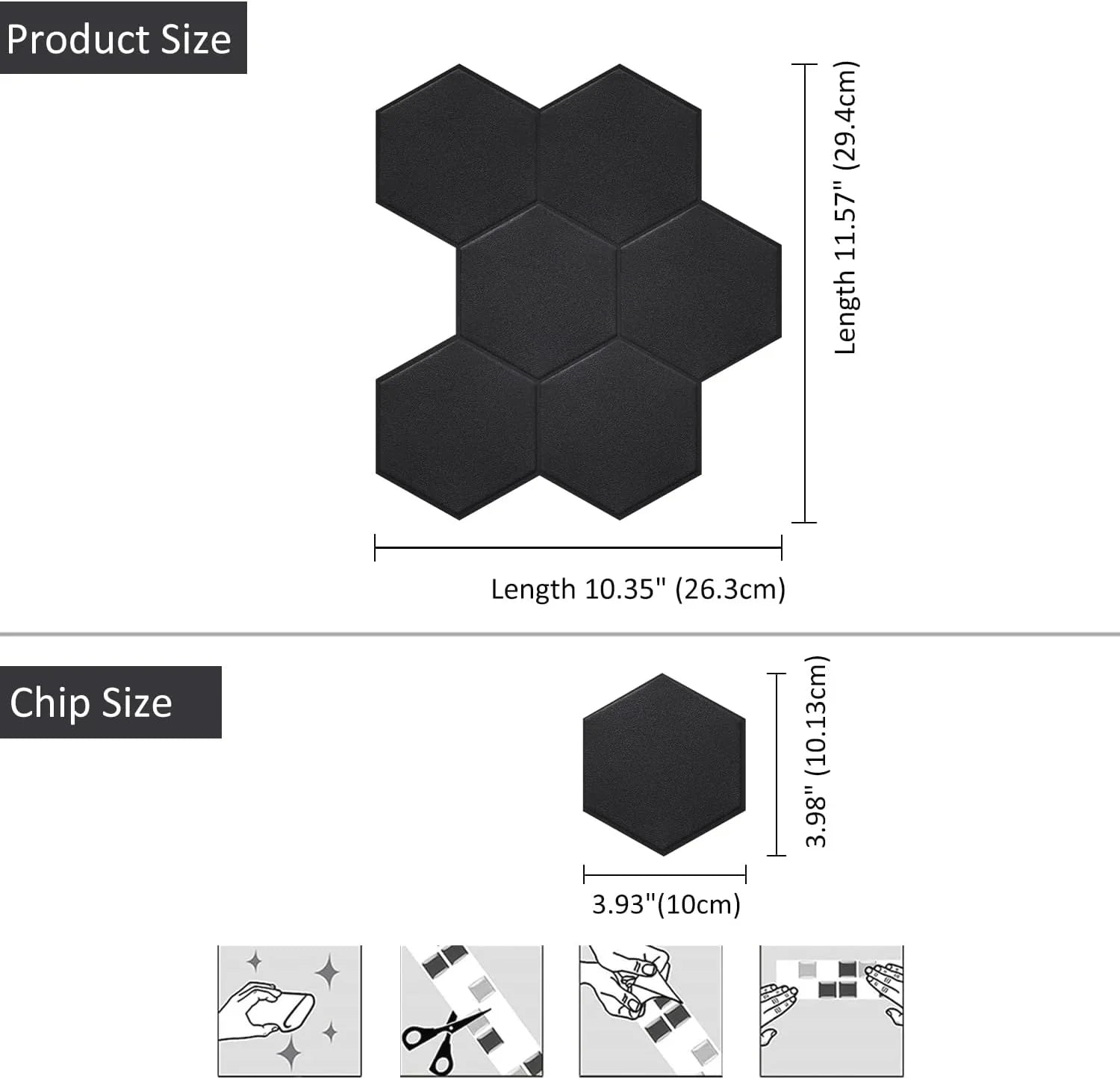 Real 3D Matte Black Self Adhesive PET Tiles Big Hexagon Peel and Stick Backsplash for Kitchen Bathroom(11.57''x10.35'',10-Sheet)