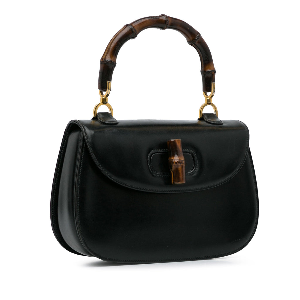 Pre-Owned Authenticated Gucci Bamboo Night Calf Leather Black Handbag Top HandleBag Unisex (Good)