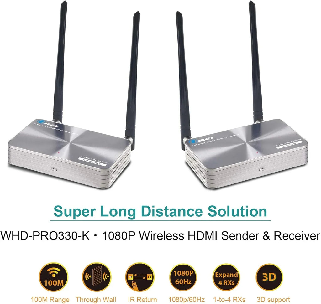 OREI Wireless HDMI Transmitter & Receiver Extender Upto 330 feet With IR Blaster 1080P