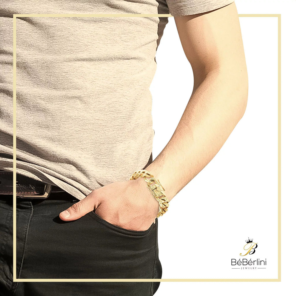 BEBERLINI Cuban Link Bracelet 14K Gold Plated Curb Chain 9" Stainless Steel Fashion Jewelry for Adult Men 16 mm