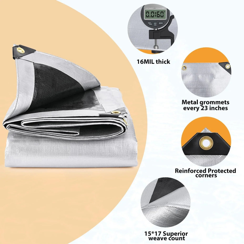Tarps Heavy Duty Waterproof 12? X 20?, Extra Thick 16 Mil, Tear & Fade Strong 100% UV Blocking, Outdoor Tarp with Reinforced Grommets for Roof, Camping, Patio, Pool, Watercraft