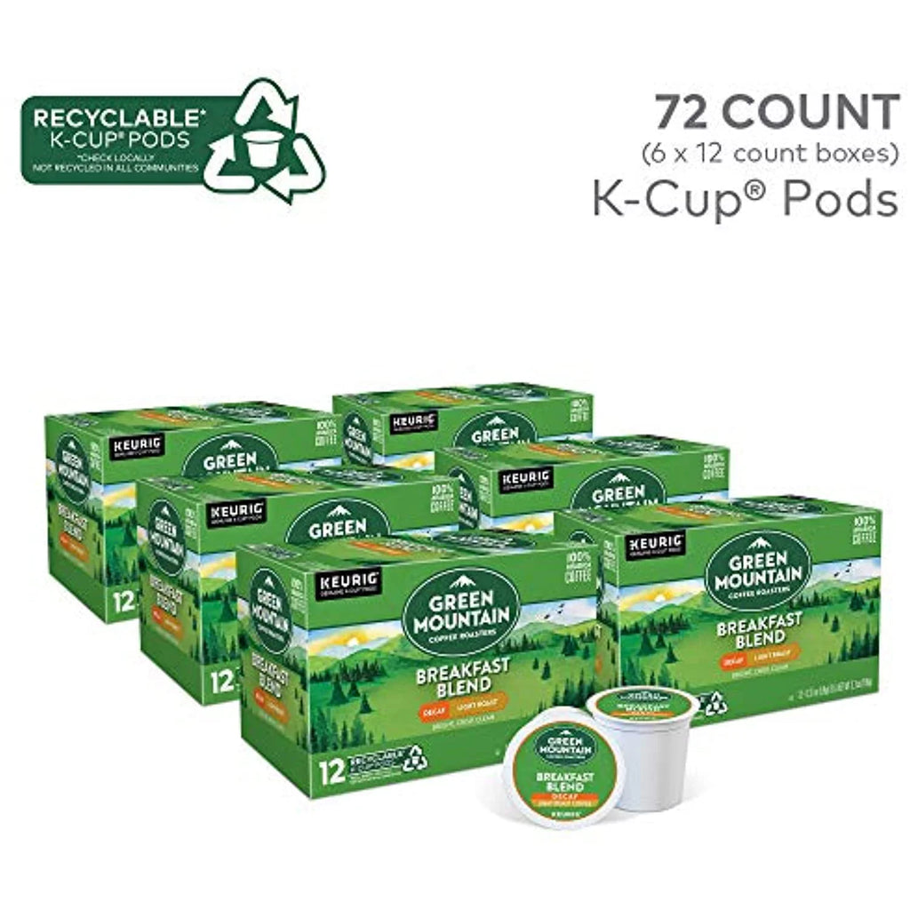 Green Mountain Coffee Roasters Breakfast Blend Decaf, Single-Serve Keurig K-Cup Pods, Light Roast Coffee, 72 Count