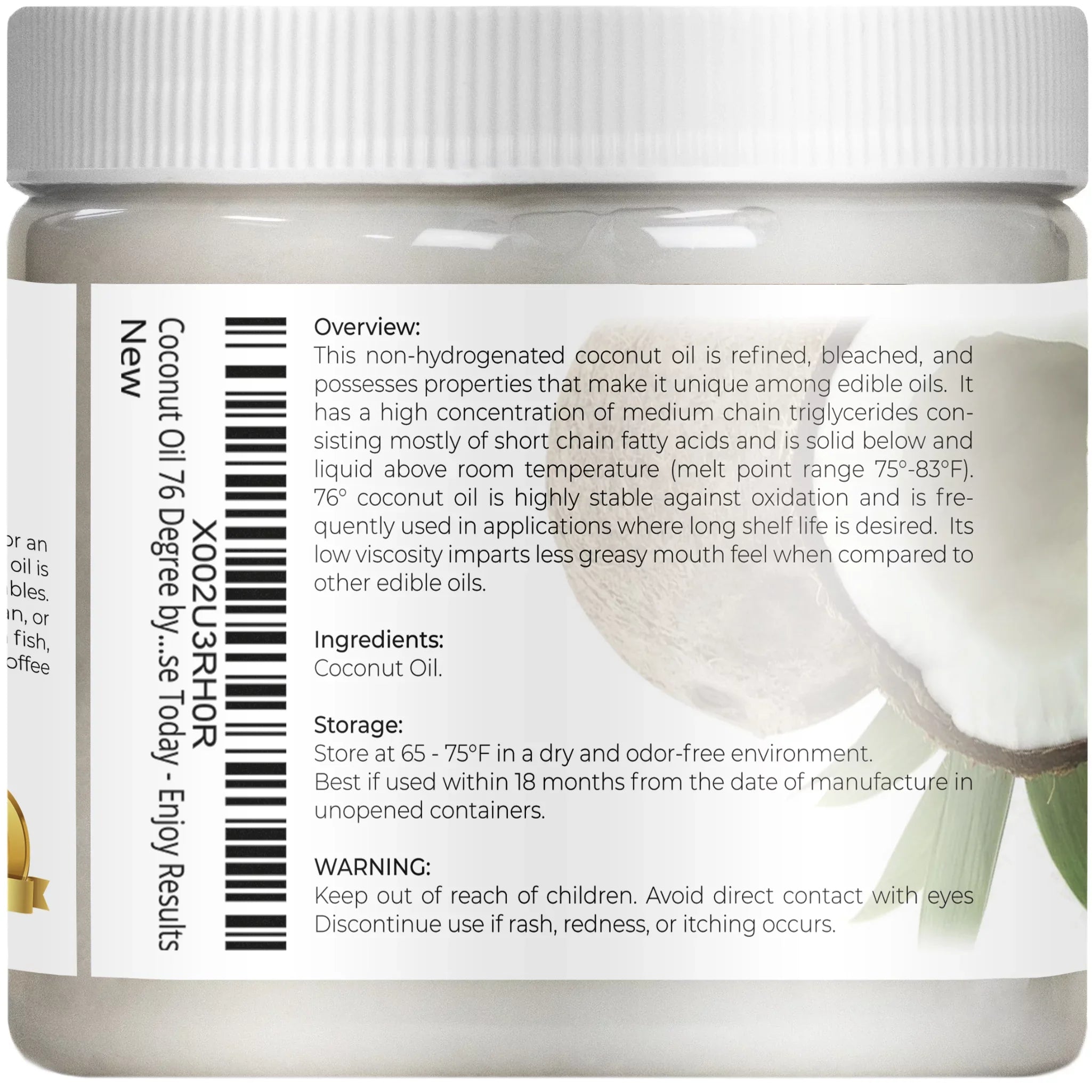 Velona Coconut Oil 76 Degree - 48 oz | 100% Pure and Natural Carrier Oil | in jar | Refined, Cold pressed | Skin, Face, Body, Hair Care