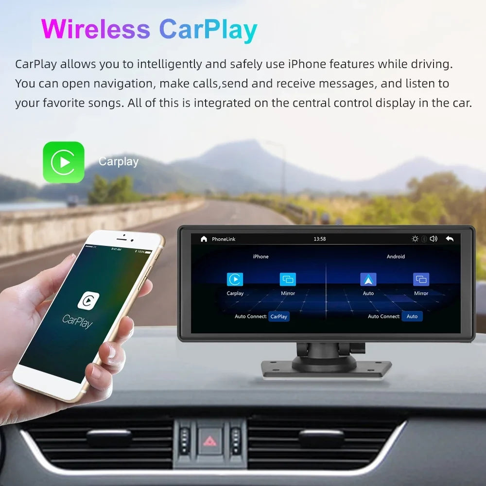 Portable Wireless Carplay&Android Auto Car Stereo,Newest 9.3 Inch Touch Screen Car Stereo with Bluetooth/FM Synchronization/Rear Camera Navigation Unit Player with Bluetooth FM Transmitter,AUX, TF