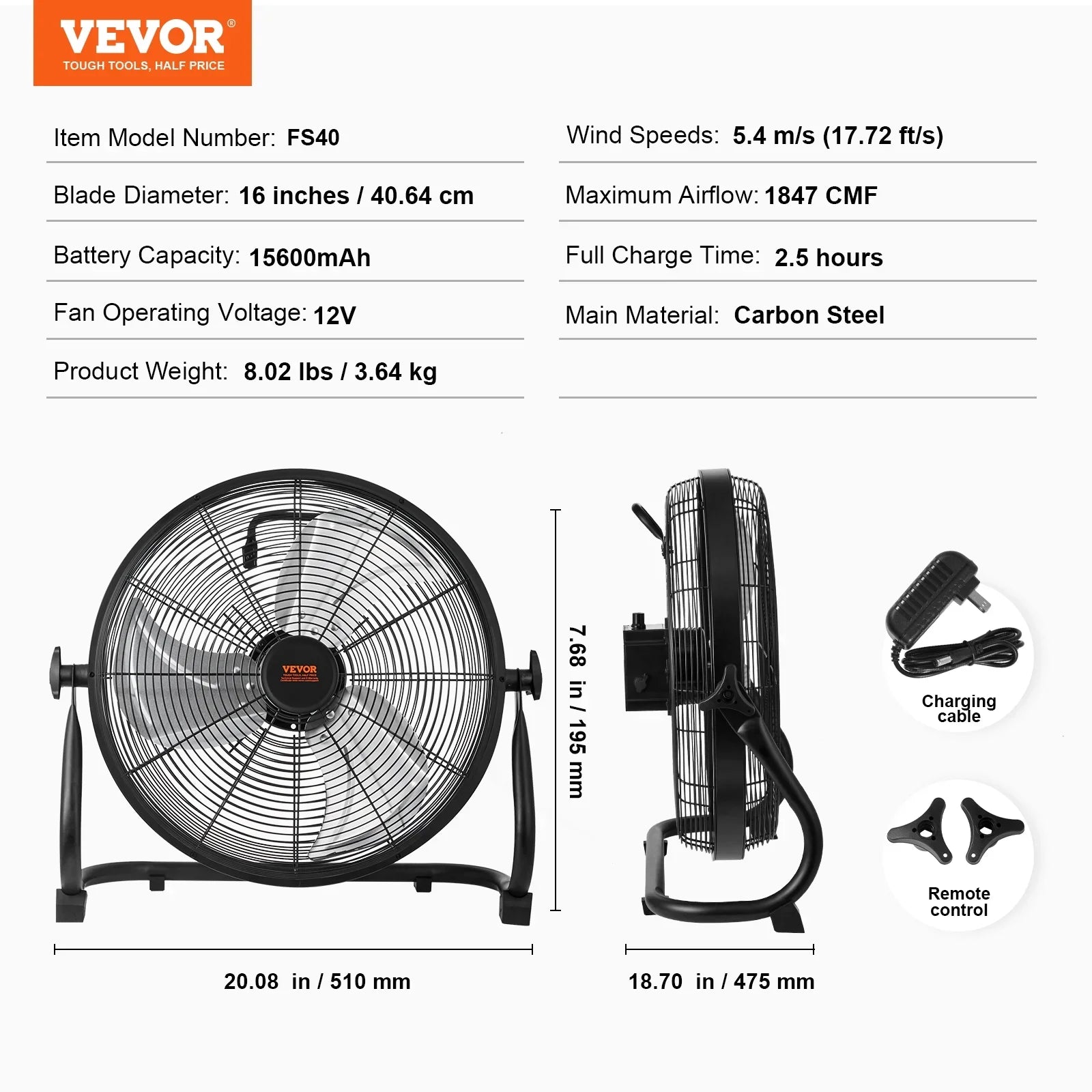 SKYSHALO 16-inch Cordless Fan Heavy Duty Metal Fans Variable Speed 360 Degree Tilt
