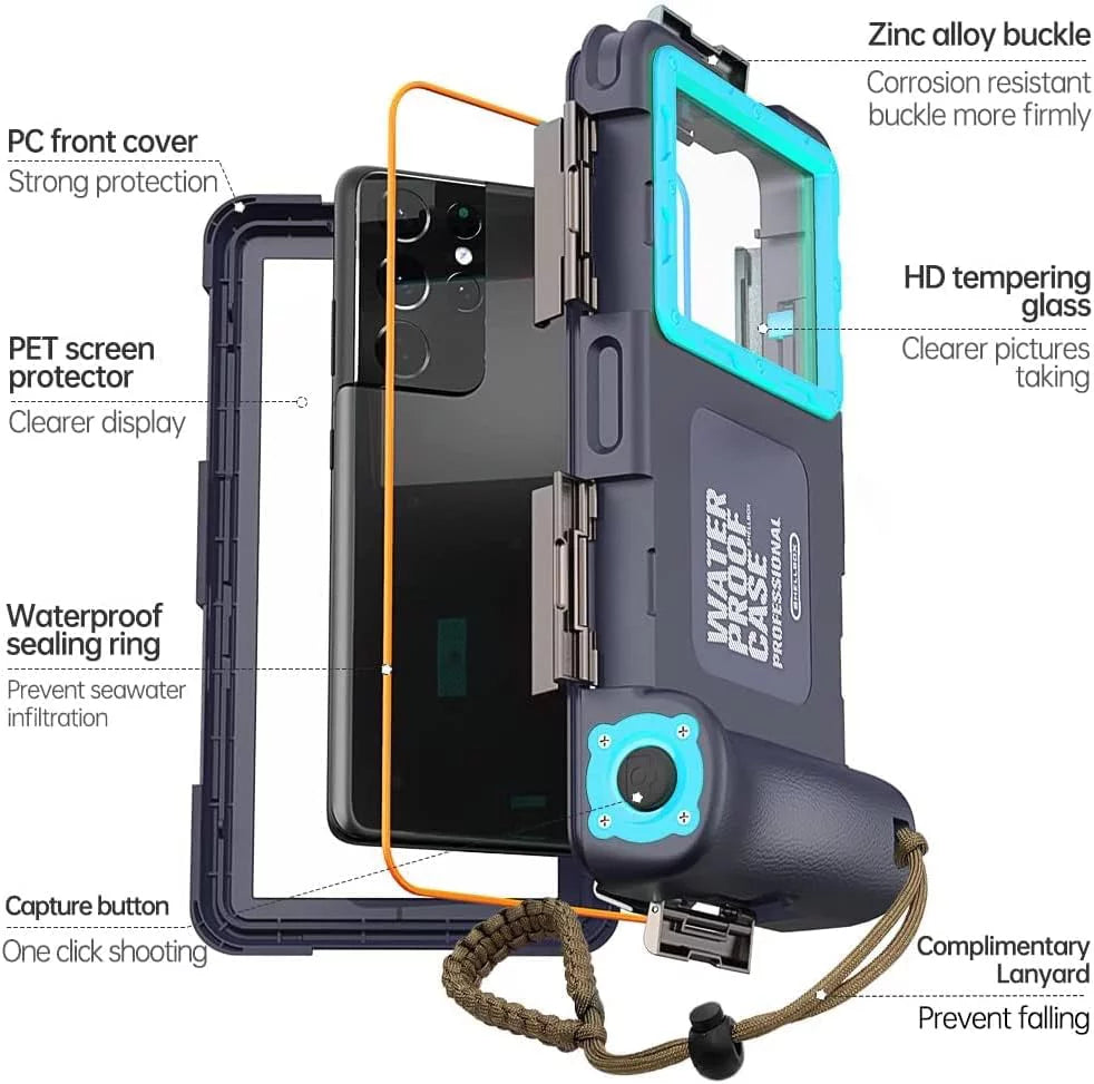 Waterproof Underwater Snorkeling Phone Case for iPhone 14/13/12/11 Pro Max Mini Xr/X/Xs/Samsung Galaxy Note10/9/8/S10/9/8 Ultra Plus Professional [15m/50ft] Photo Video Diving Wrap