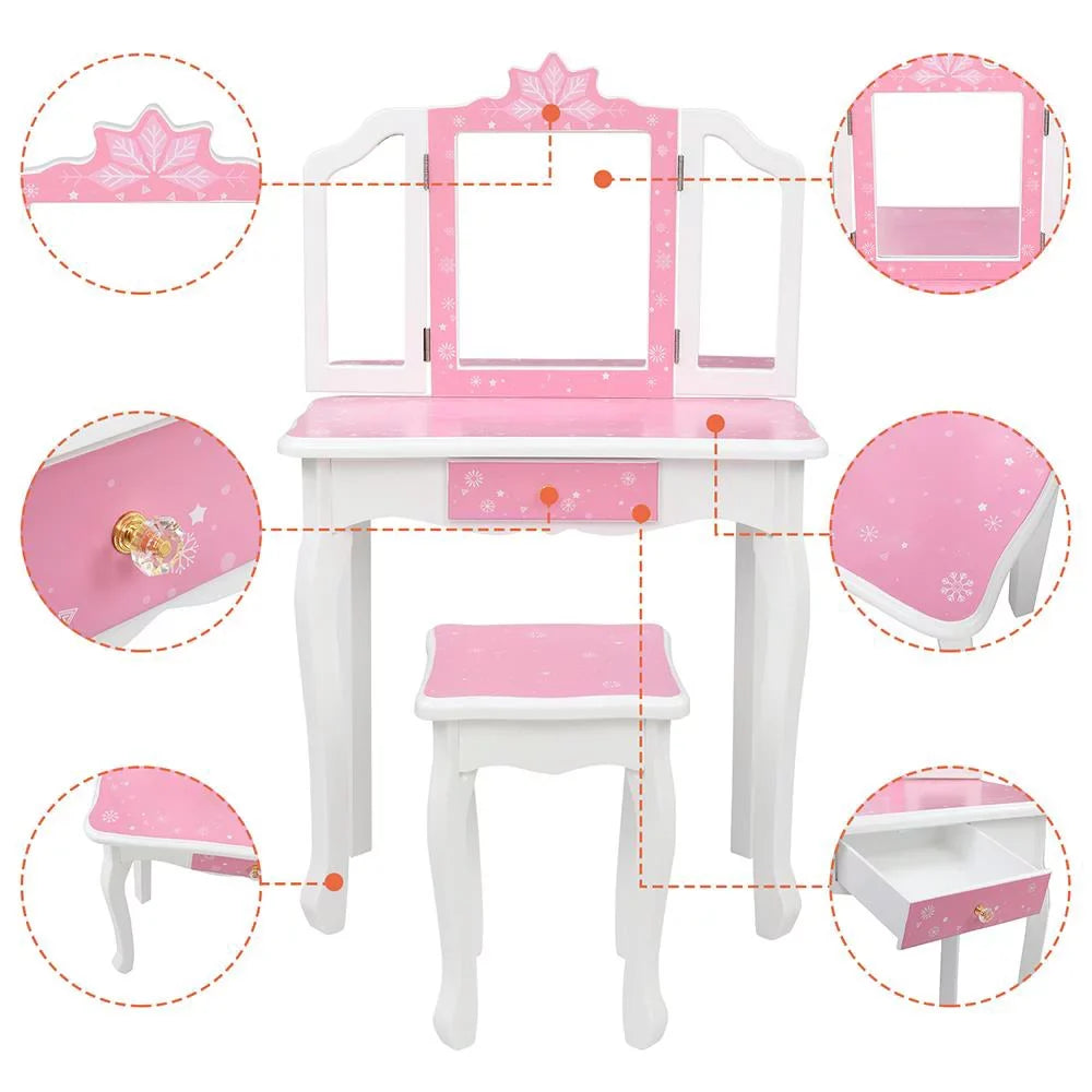 SalonMore Snow Style Wooden Kids Vanity Makeup Desk w/ Mirror,Stool,Drawer Pink