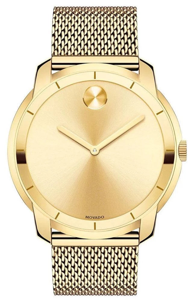 Movado Bold Gold-Tone Stainless Steel Gold Dial Mesh Band Quartz Mens Watch 3600373