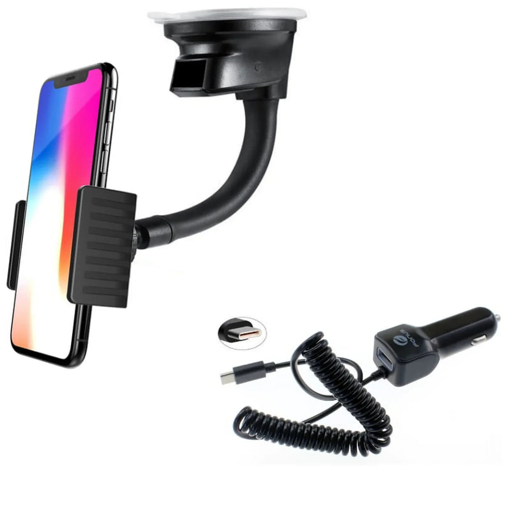 Windshield Dash Car Mount w Type-C 3.1A Charger A7R for Blackberry KEYone, Key2 LE - BLU G9, Vivo XI Plus 5 - CAT S61 S48c - Coolpad Legacy - Essential Phone (PH-1) - Google Pixel XL 3a XL 3