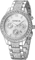 FANMIS Luxury Unisex Pave Floating Crystal Diamonds Calendar Analog Quartz Watch Luminous Pointer with Stainless Steel Link Bracelet