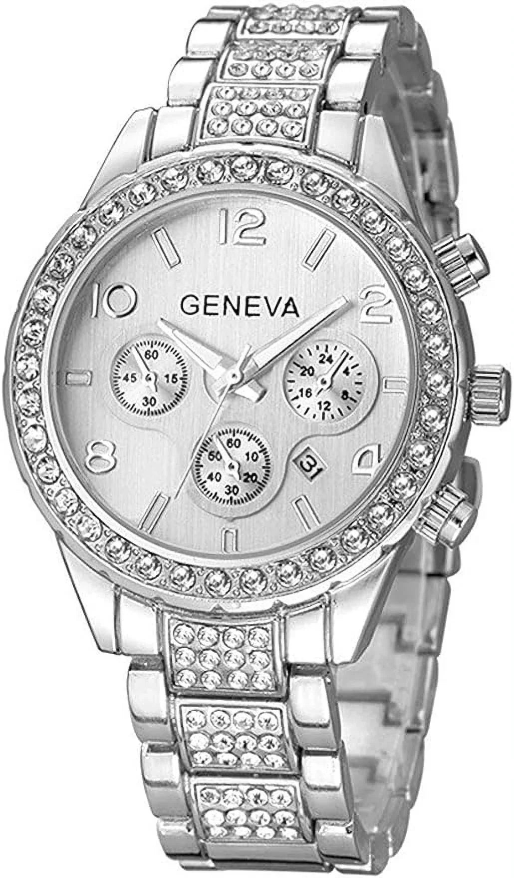 FANMIS Luxury Unisex Pave Floating Crystal Diamonds Calendar Analog Quartz Watch Luminous Pointer with Stainless Steel Link Bracelet