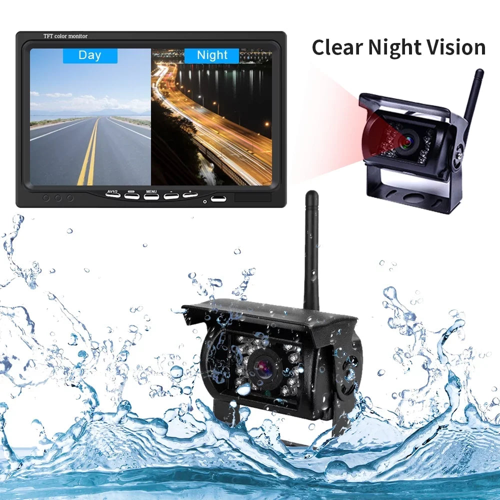 Podofo Wireless Vehicle Truck 2 Backup Parking Assistance System, Ir Night Vision Waterproof Rear View Camera + 7" Monitor for RV Truck Trailer Bus