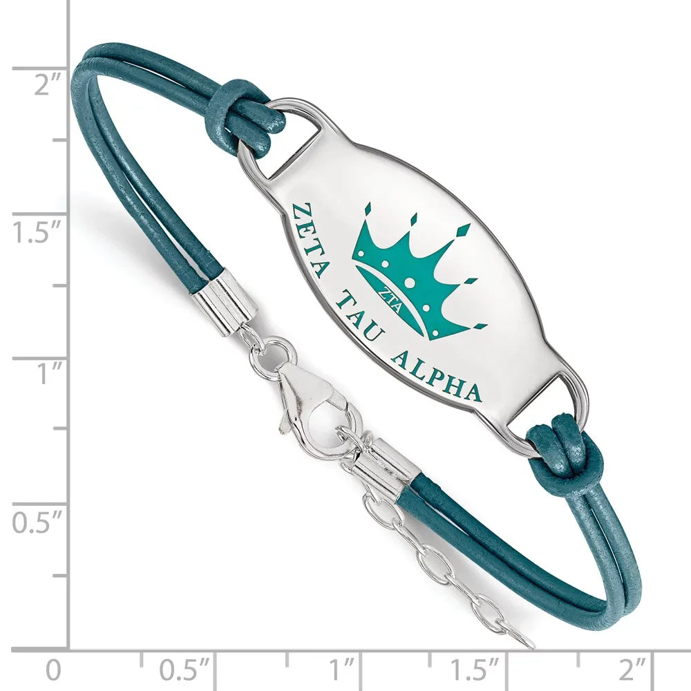 Sterling S. Rh-p LogoArt Zeta Tau Alpha Enameled Oval Leather Chain Bracelet; for Adults and Teens; for Women and Men