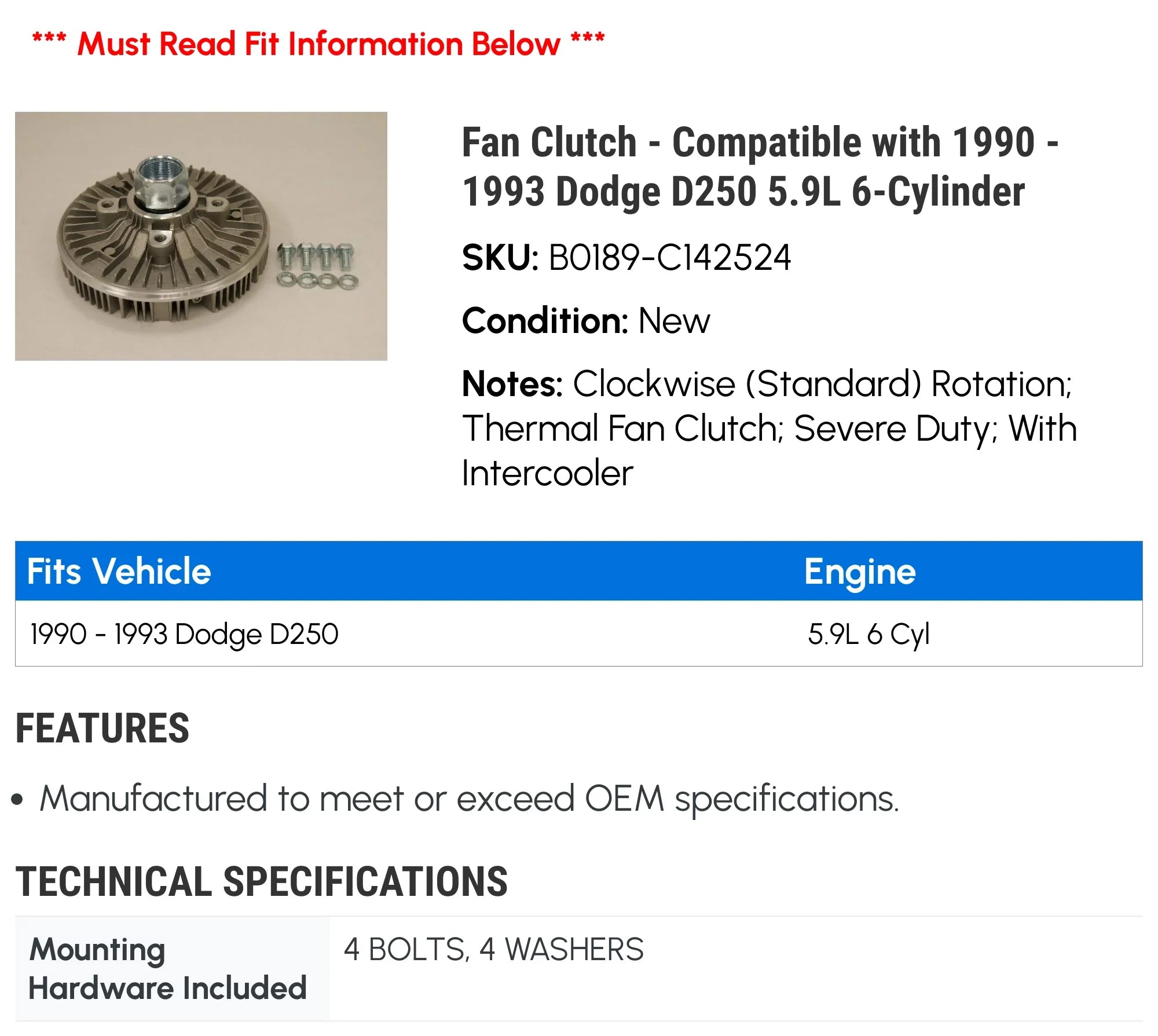 Fan Clutch - Suitable with 1990 - 1993 Dodge D250 5.9L 6-Cylinder 1991 1992