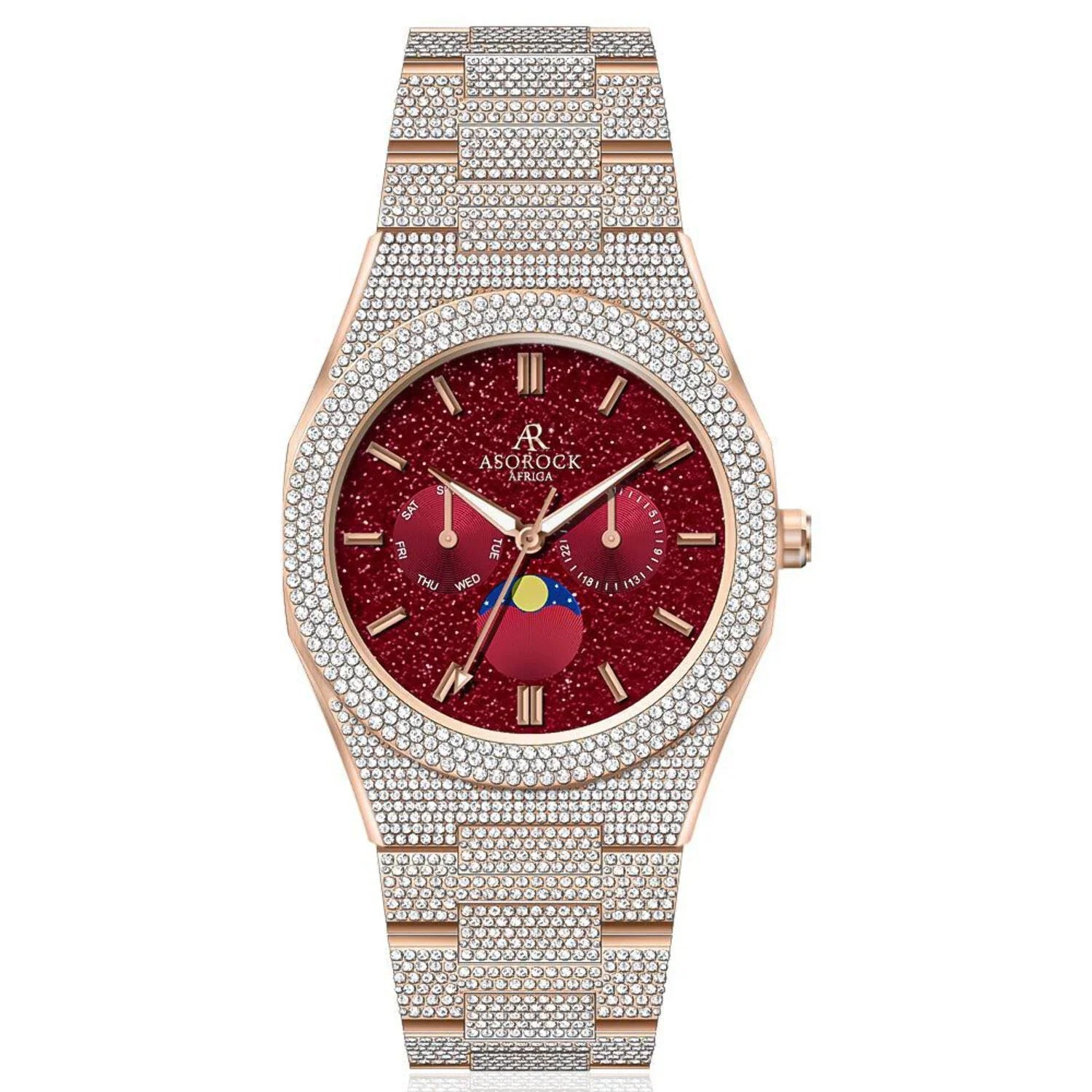 Asorock Watches | Yellow Gold/Red | Iced transporter - Small diamond bezel - Fully iced strap | 44mm CZ diamond watch
