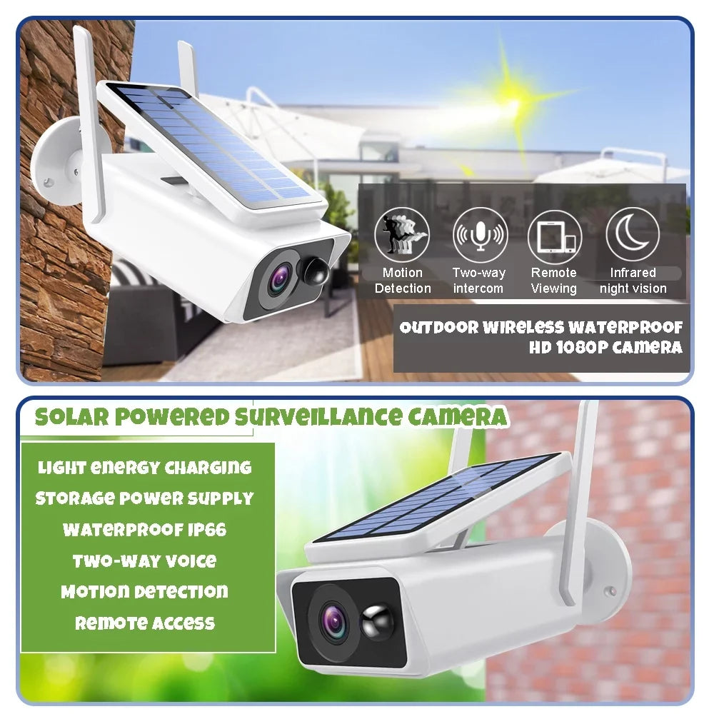 Security Cameras Wireless Outdoor, DFITO Solar Security Camera Outdoor with Solar Panel, PIR Detection, 2-Way Talk, Night Vision,Waterproof, White