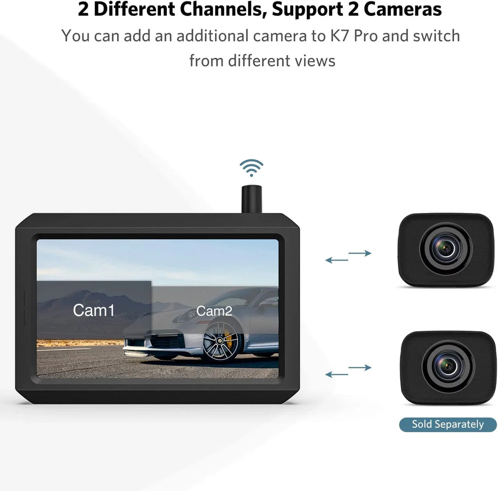 K7Pro HD Wireless Backup Camera for Trucks, Support 2 Cameras, 5″ TFT-LCD HD Monitor and Waterproof Rear View Camera for Car/SUV/Van/Mini RV/Pickup
