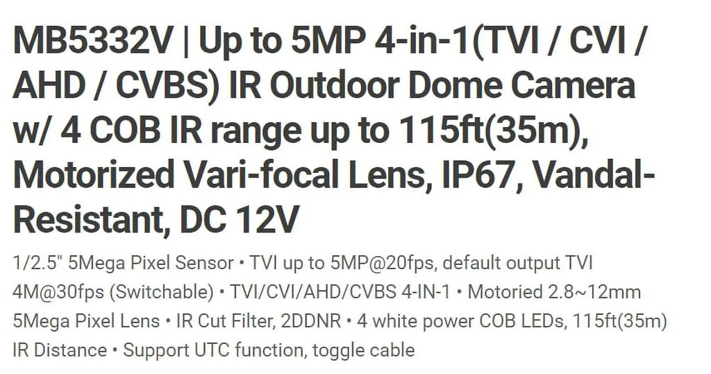 Eyemax TIV MB5332V-W HD-TVI 5MP IR Vandal DOME Camera 2.8-12mm Motorized, 4 COB IR LED 12V DC