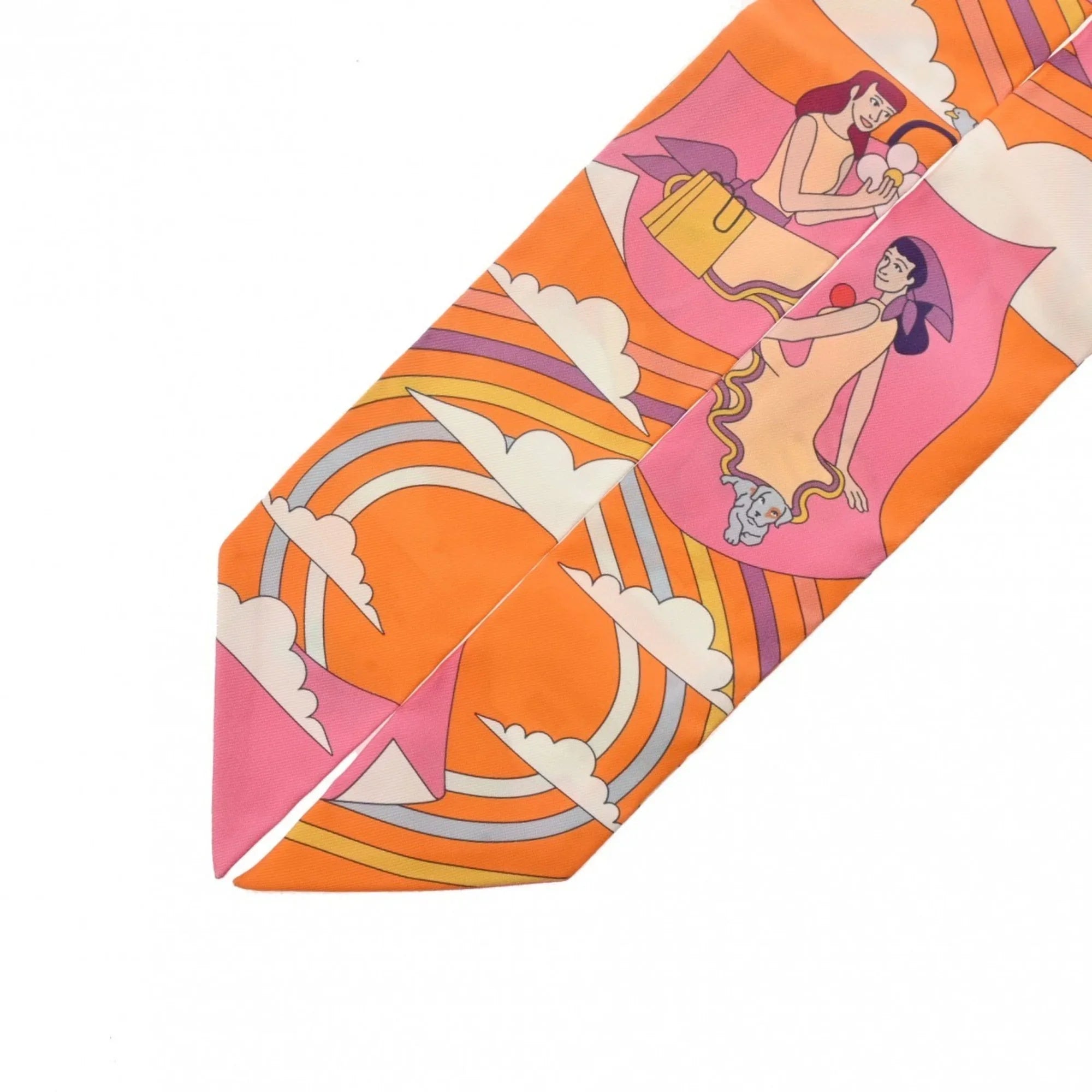 Pre-Owned HERMES Twilly Carres Volants Orange/Rose/Mauve - Women's 100% Silk Scarf Muffler (Like New)