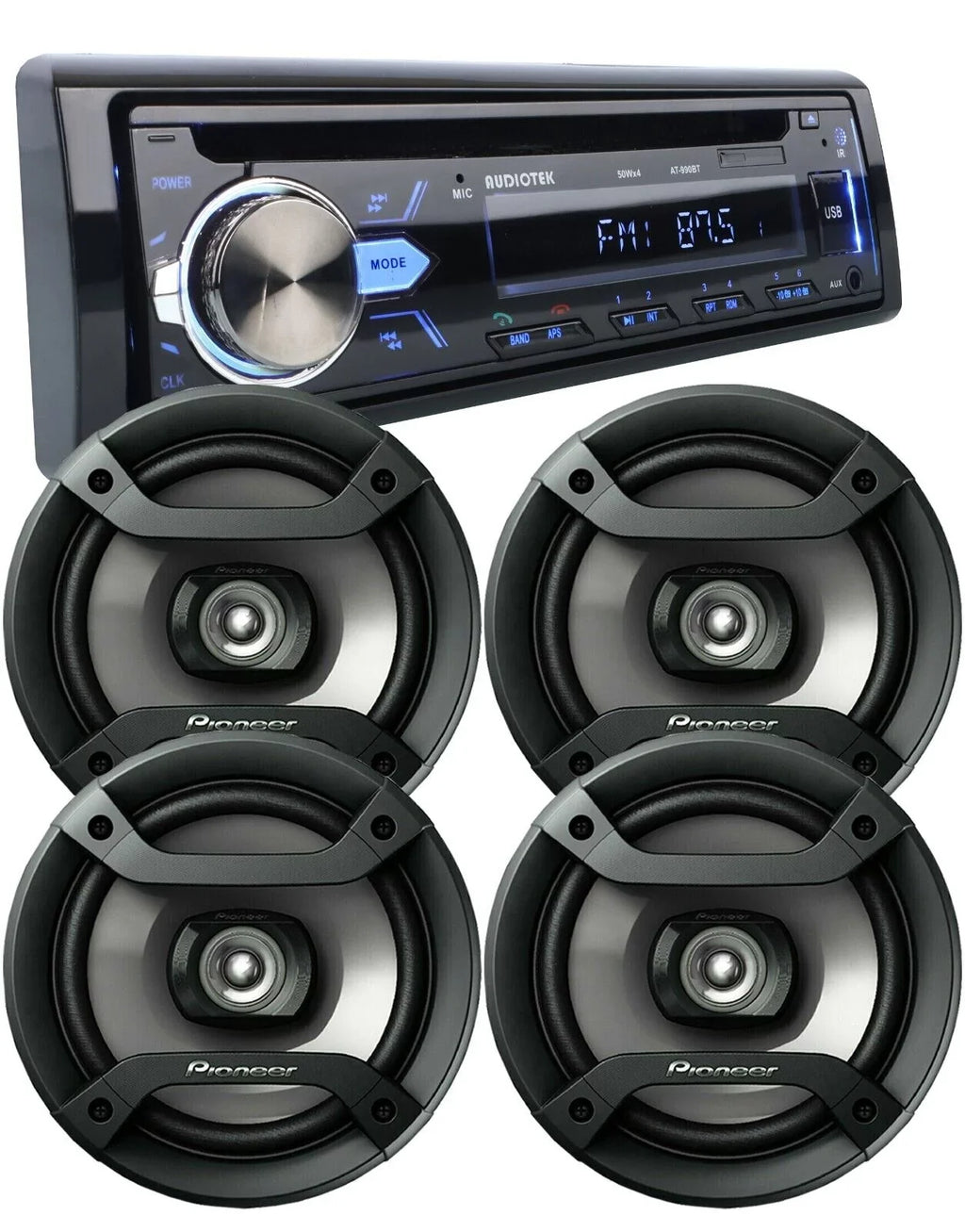 4X Pioneer 6.5" Speakers + Audiotek 1-Din Car Audio Bluetooth CD AM FM Receiver Bundle