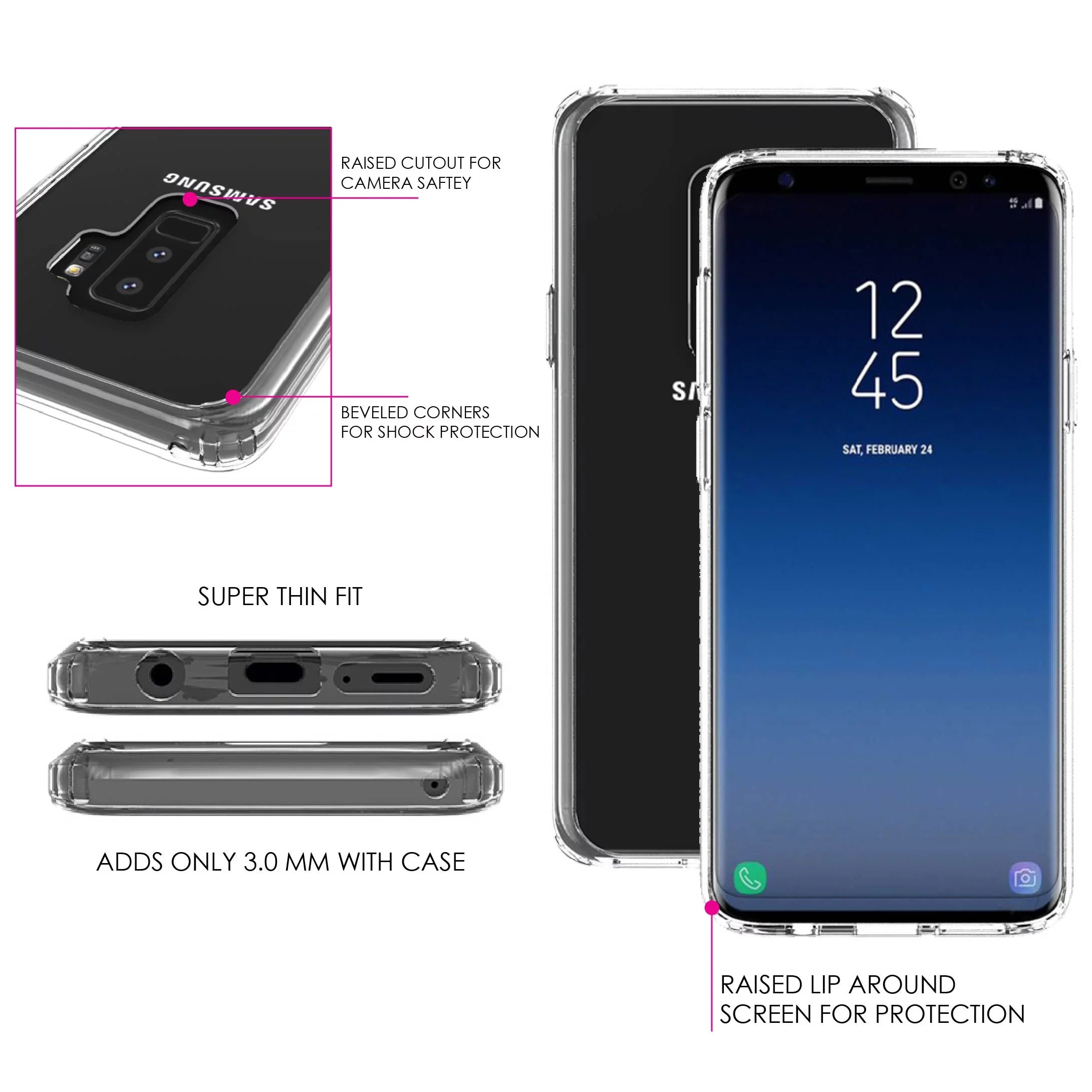 DistinctInk Clear Shockproof Hybrid Case for Samsung Galaxy S9+ PLUS (6.2" Screen) - TPU Bumper, Acrylic Back, Tempered Glass Screen Protector - Luke 1:37 - Faith Does Not Make Easy Makes Possible