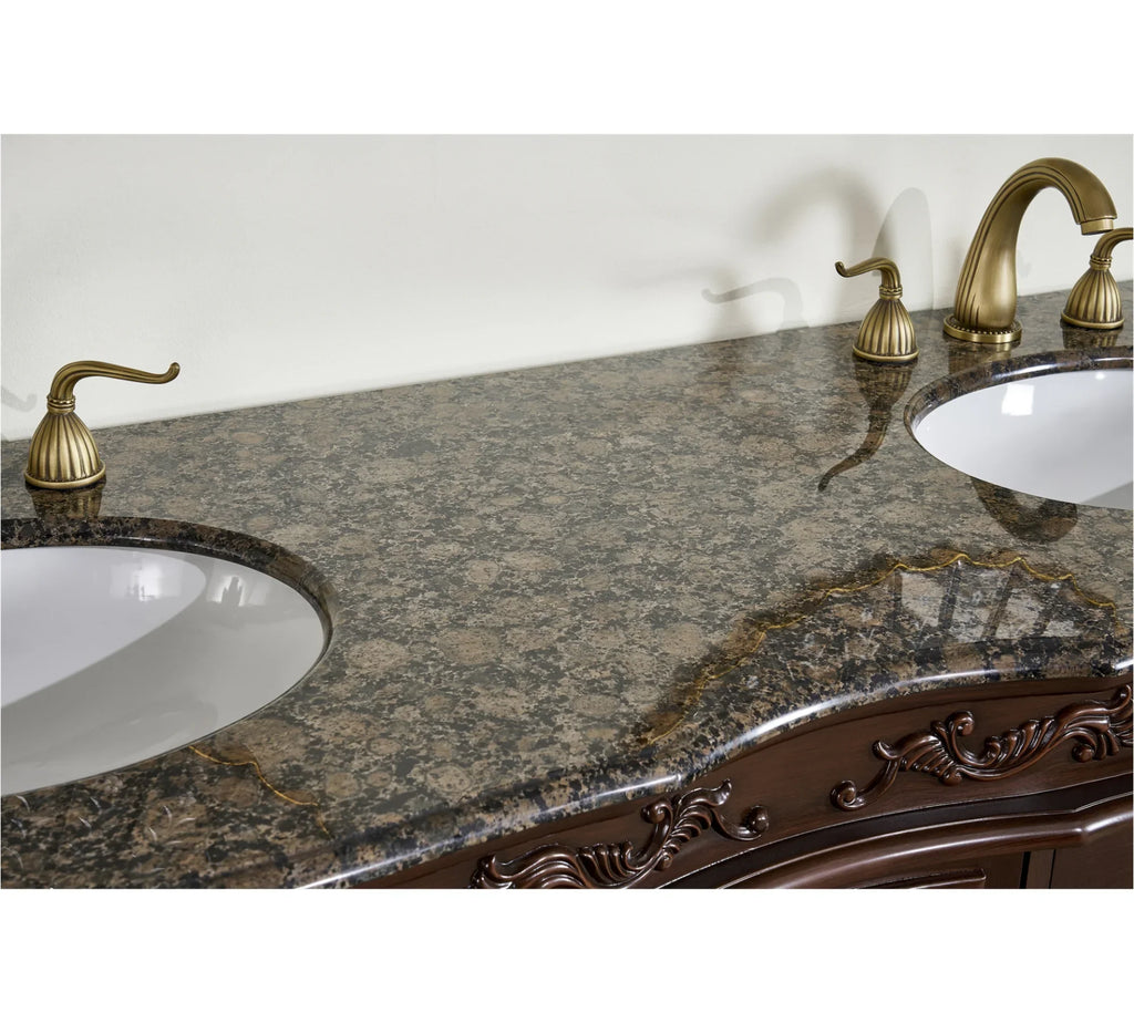 Stufurhome 60 inch Saturn Double Sink Vanity with Baltic Brown Granite Top