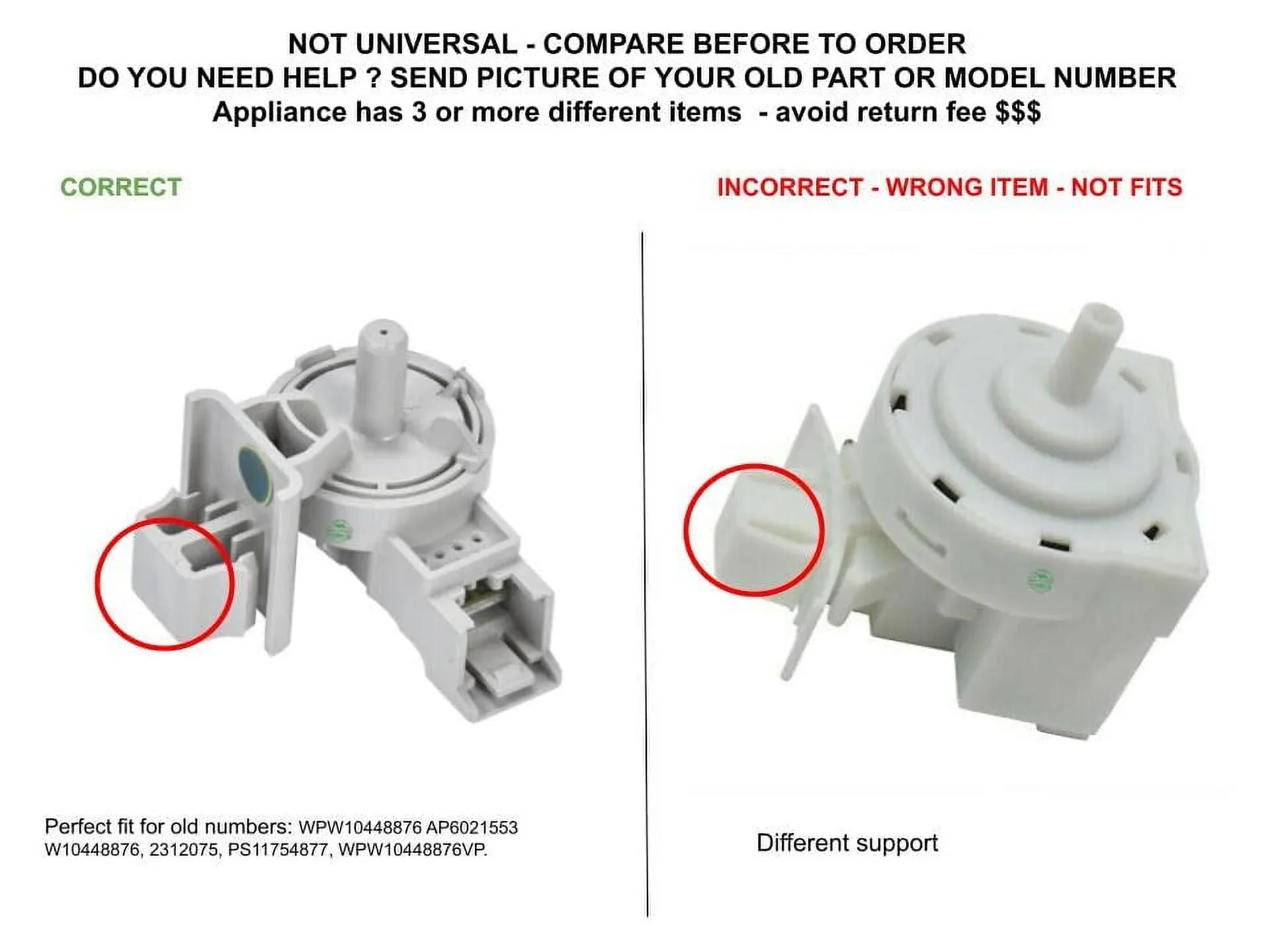 GLOB PRO SOLUTIONS W10448876 2312075 WPW10448876VP CKD2526 Washer Water Level Switch 1" � Length Approx. Replacement for and Fitting with Kenmore Maytag Whirlpool Heavy DUTY