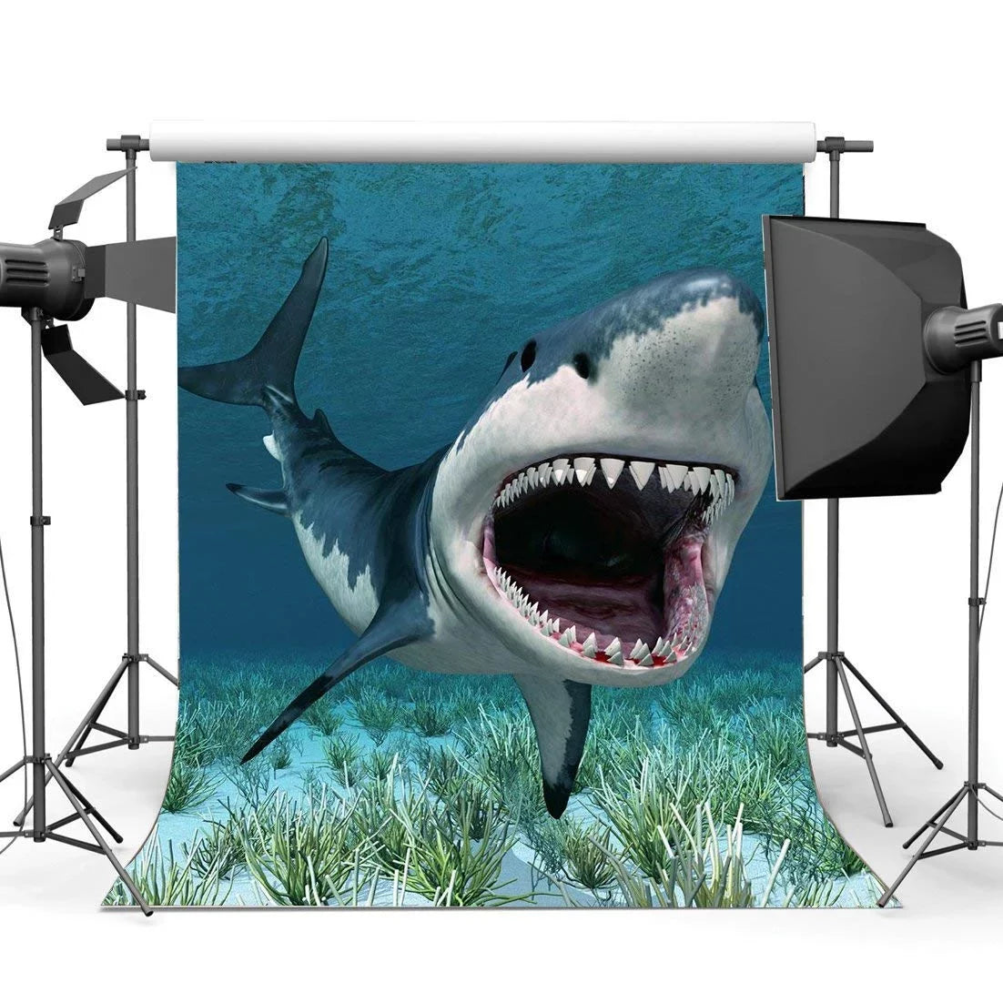 ABPHOTO Polyester 5x7ft Cartoon Shark Backdrop Underwater World Green Grass Aquarium Ocean Sailing Photography Background for Baby Shower Girls Boys Happy Birthday Party Décor Photo Studio Props