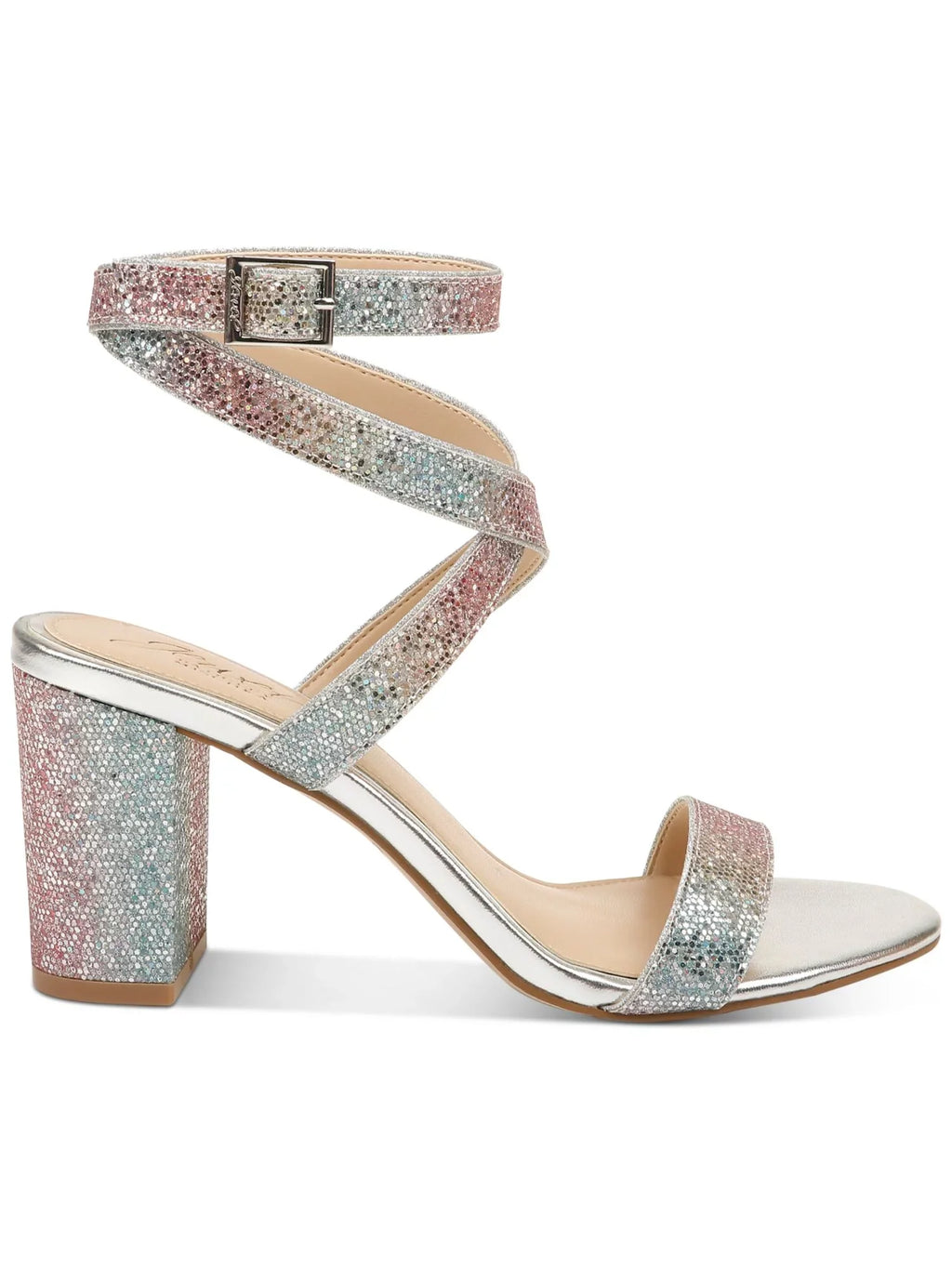 JEWEL BADGLEY MISCHKA Womens Rainbow Silver Iridescent Adjustable Ankle Strap Glitter Padded Newberry Round Toe Block Heel Latch Dress Sandals Shoes 9.5